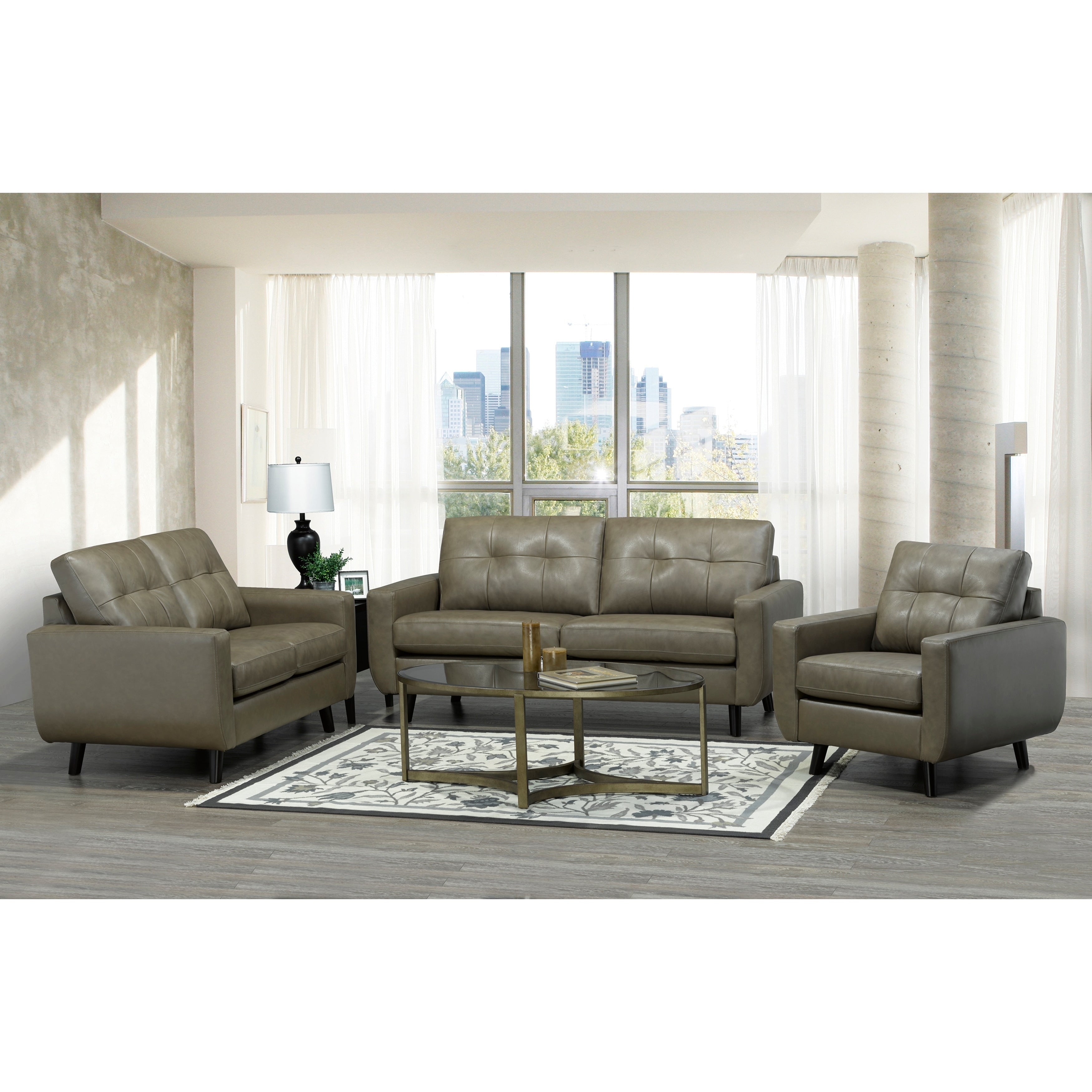 Maisie Mid Century Modern Moss Green Grey Top Grain Italian Leather Tufted Sofa Loveseat And Chair