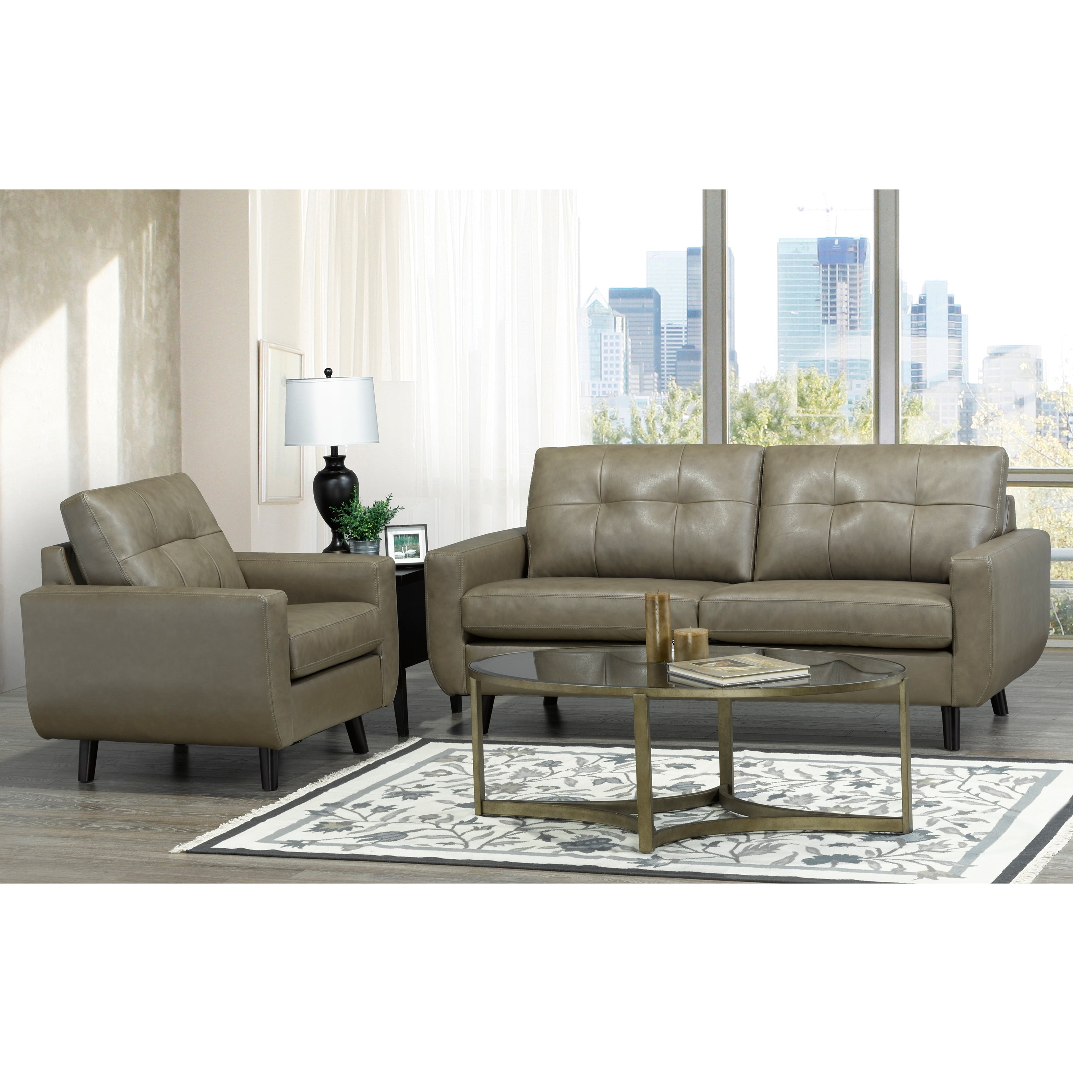 Maisie Mid Century Modern Moss Green Grey Top Grain Italian Leather Tufted Sofa And Chair
