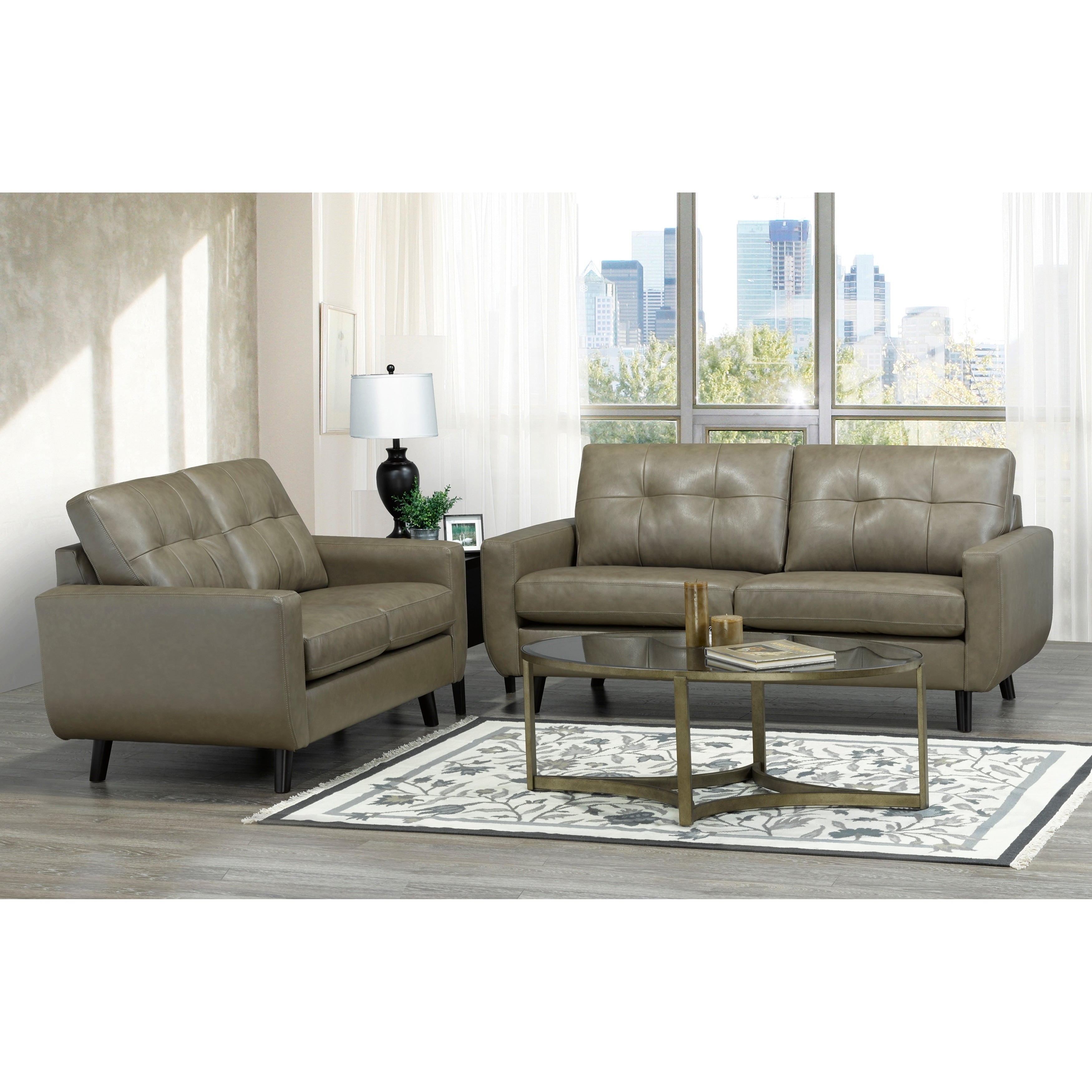Maisie Mid Century Modern Moss Green Grey Top Grain Italian Leather Tufted Sofa And Loveseat