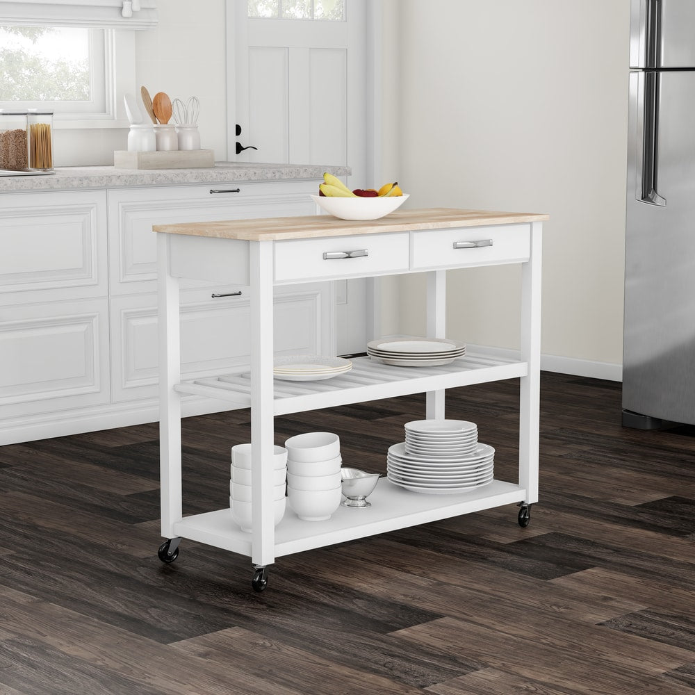 Copper Grove Shippagan Natural Wood Top Kitchen Cart Island With Optional Stool Storage In White Finish