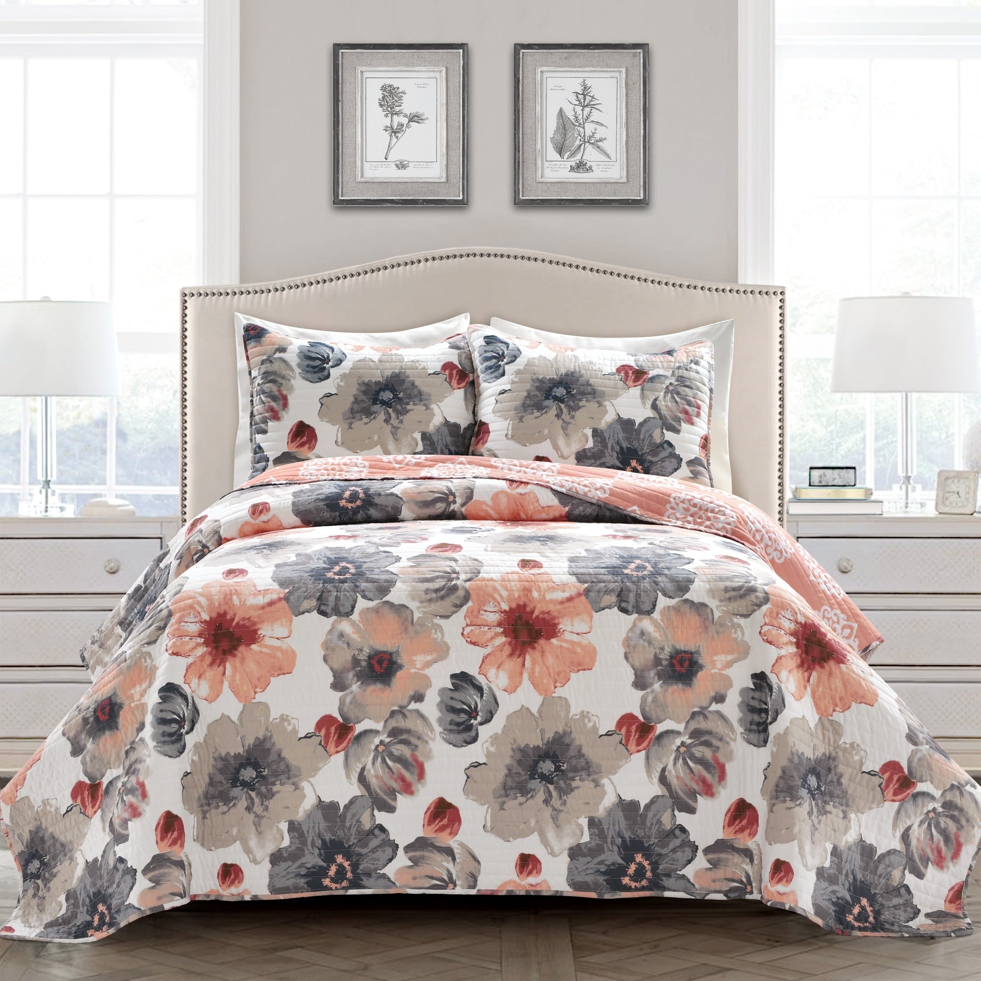 Maison Rouge Levine Grey And Yellow Floral 3 Piece Quilt Set
