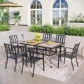 Mfstudio 7Pcs Patio Dining Set Large Rectangular Wood Like Top Table With 6 Metal Chairs