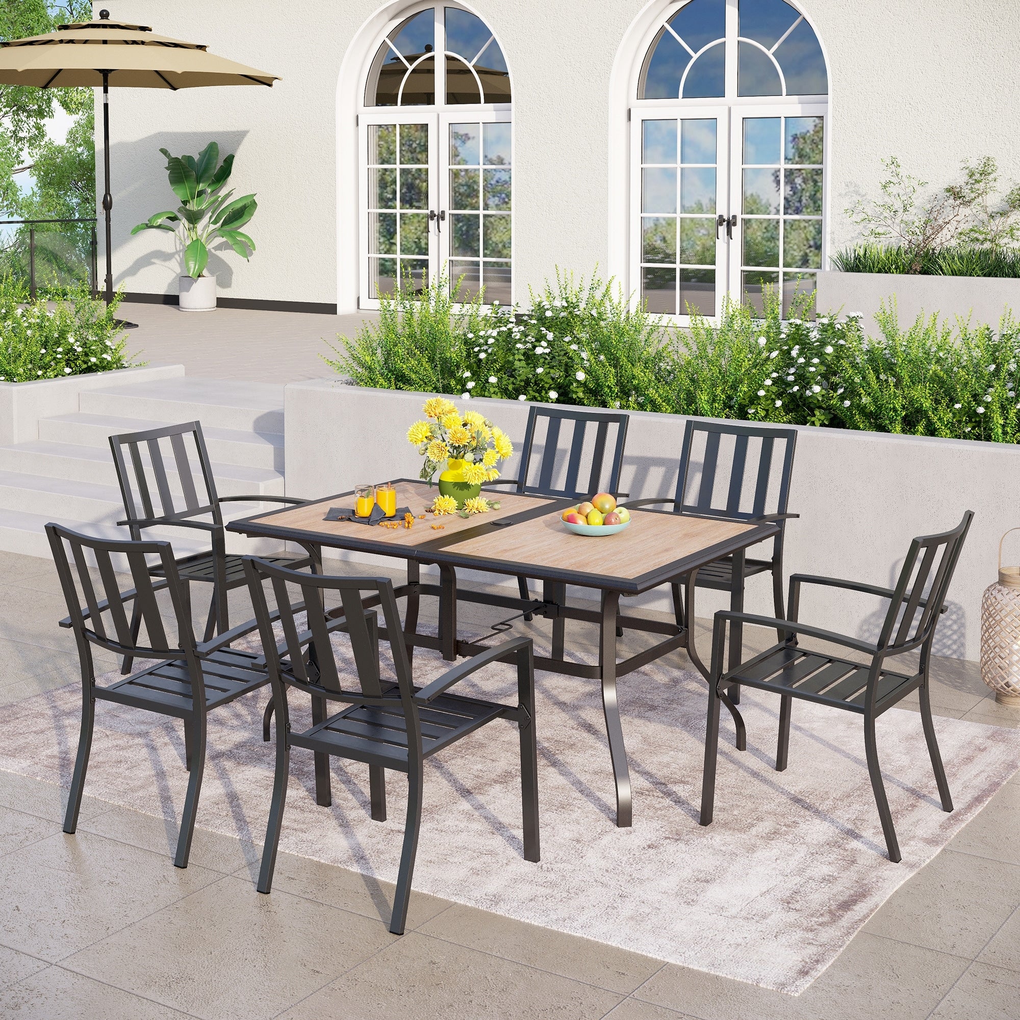 Mfstudio 7Pcs Patio Dining Set Large Rectangular Wood Like Top Table With 6 Metal Chairs