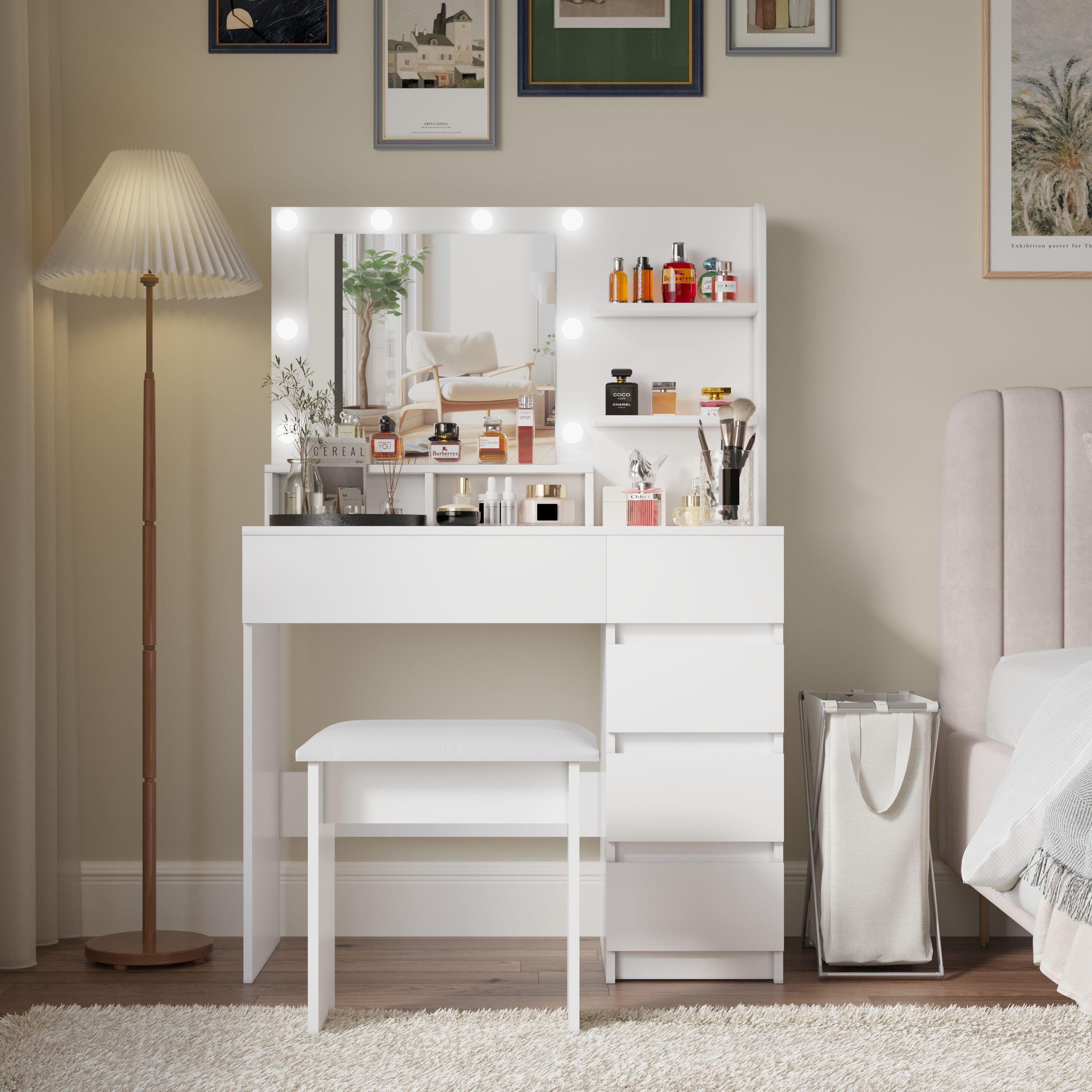 Makeup Vanity Desk Set With Mirror Light Dressing Table Storage Lots 3 Lighting Modes With Adjustable Brightness Stool