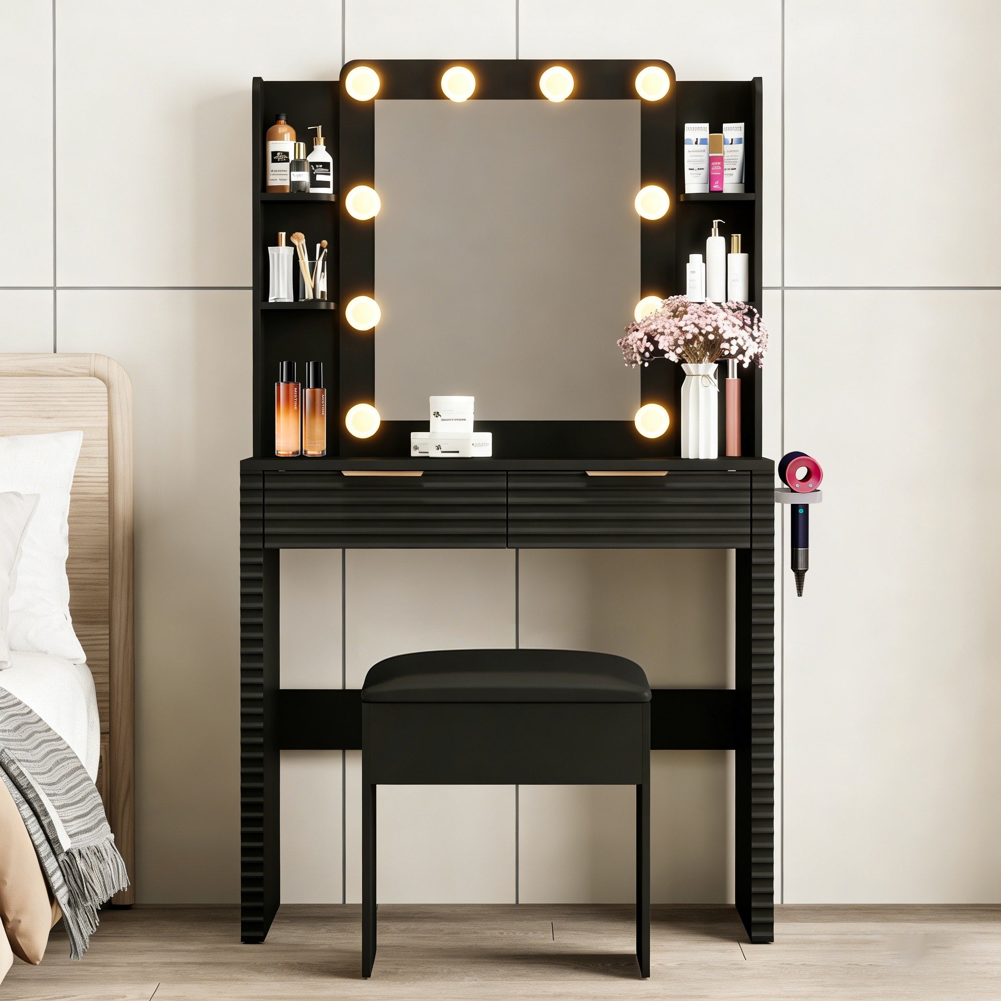 Makeup Vanity Desk With Hollywood Bulbs Fluted Dressing Table With Charging Station Hairdryer Holder Padded Stool With Storage