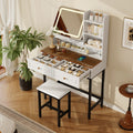Makeup Vanity With 360 Degrees Rotatable Led Mirror Dressing Table Set With 2 Drawers Power Outlet And Shelves Amber Glass Top