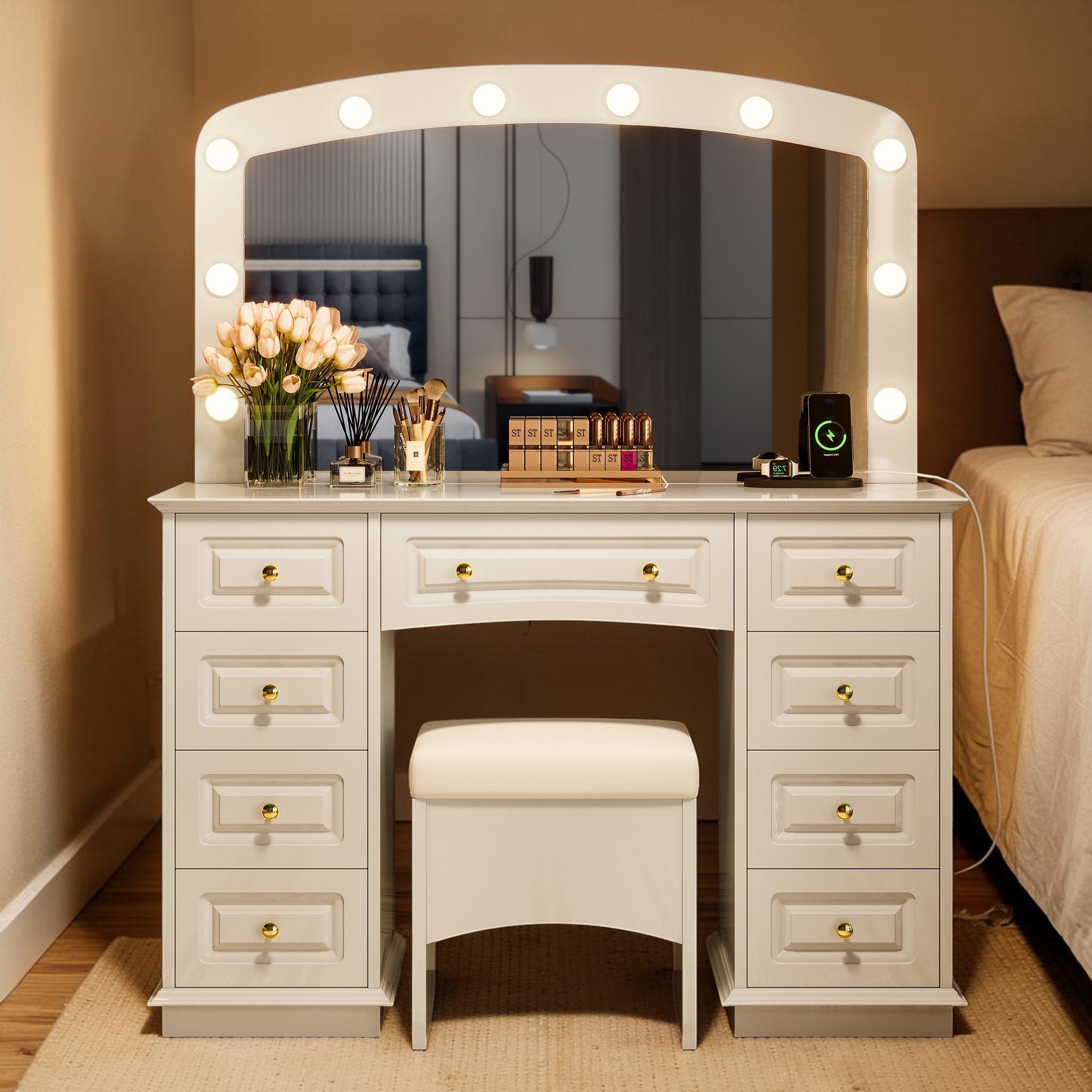 Makeup Vanity With Hollywood Bulbs 9 Drawers Charging Station And Storage Stool For Bedroom