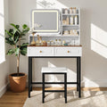 Makeup Vanity With Led Mirror Power Outlet Amber Glass Top 2 Drawers And Stool For Bedroom
