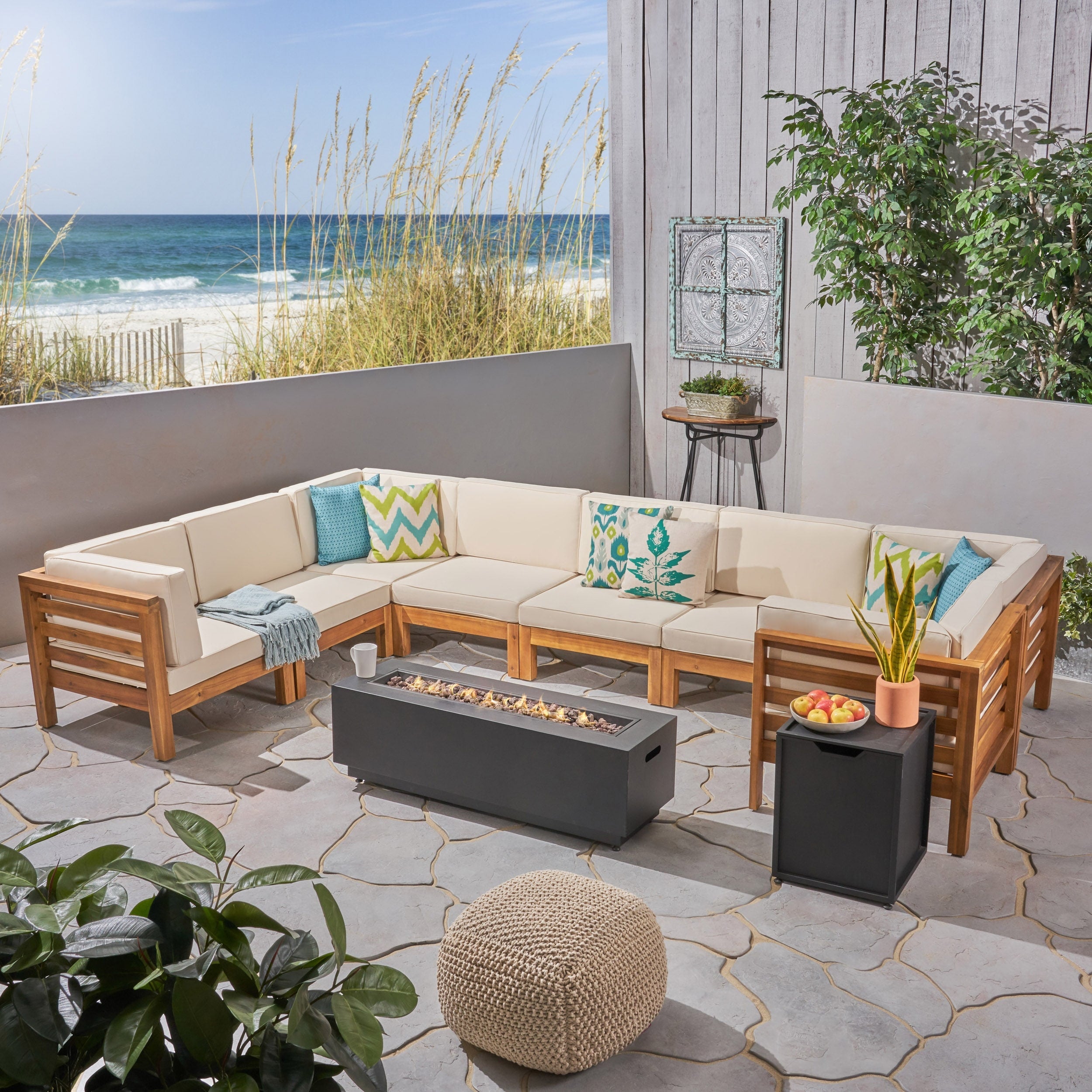 Malawi Outdoor 10 Piece U Shaped Acacia Wood Sectional Sofa Set With Fire Pit By Christopher Knight Home
