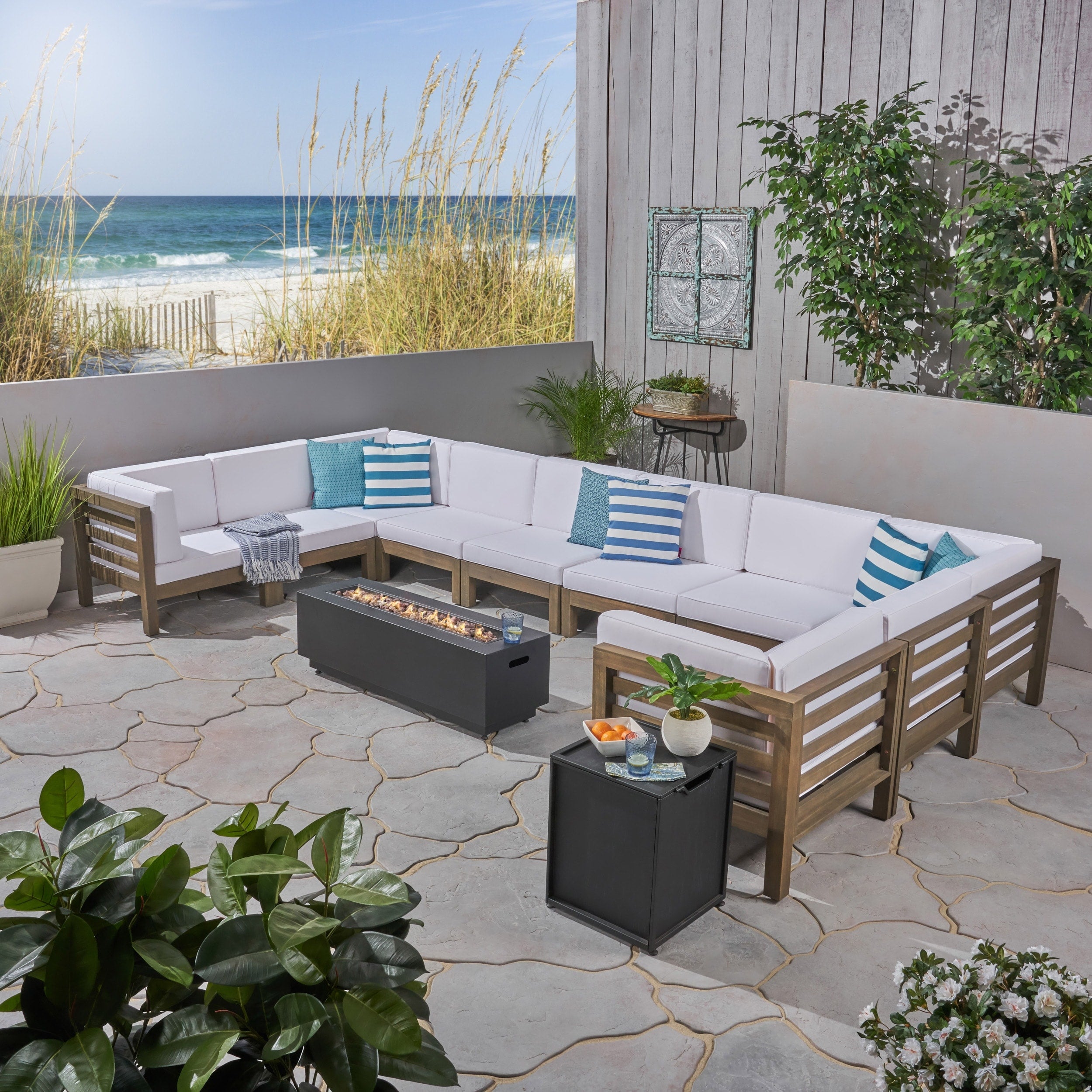 Malawi Outdoor 12 Piece U Shaped Acacia Wood Sectional Sofa Set With Fire Pit By Christopher Knight Home