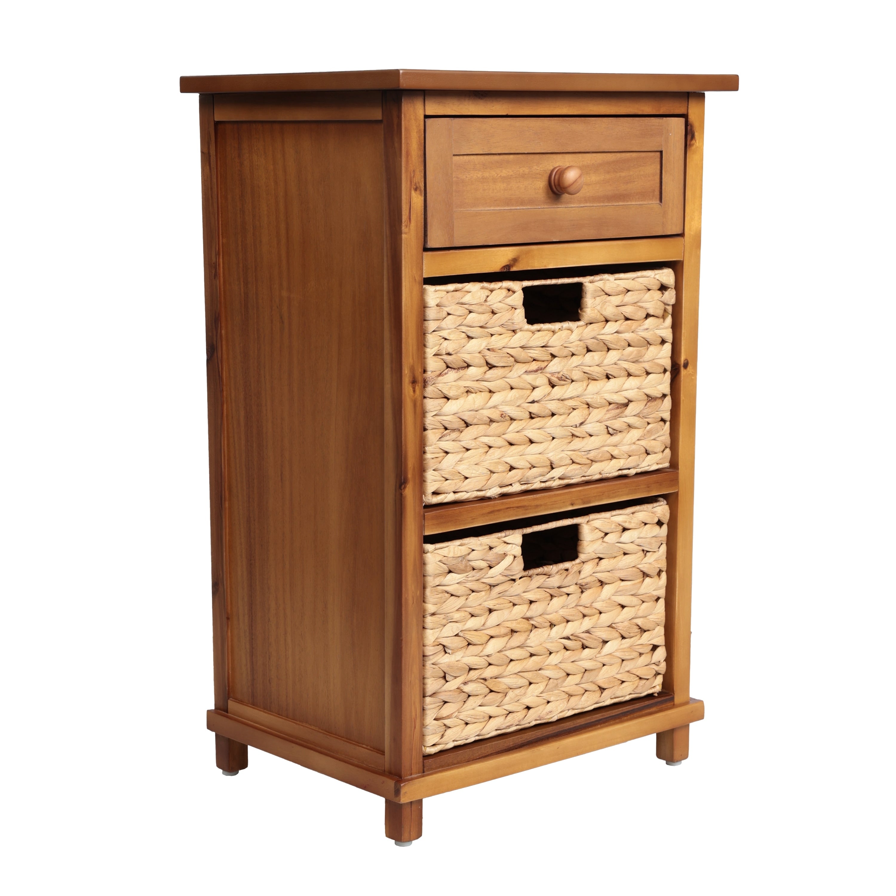 Malibu 26 In. H Rustic Handcrafted Acacia Wood Accent Storage Nightstand With Drawer And 2 Water Hyacinth Woven Baskets