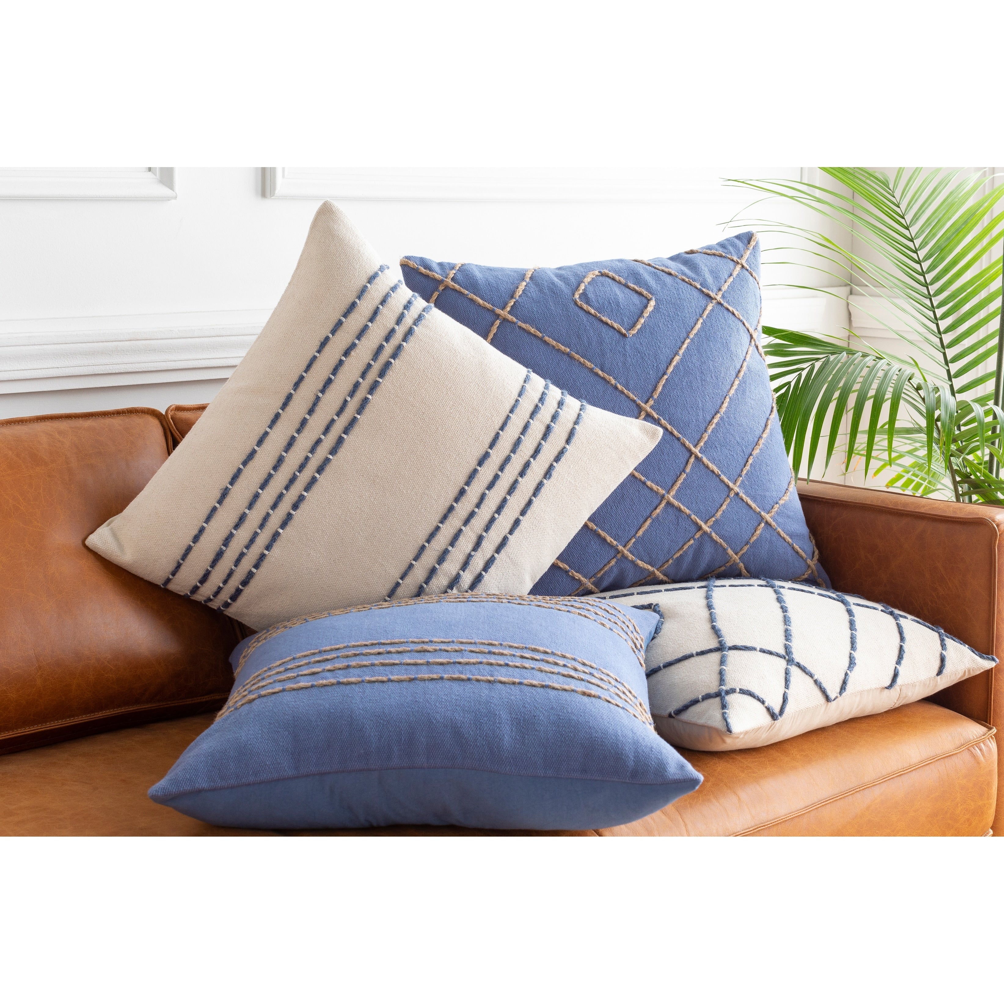 Malik Cream Navy Hand Embroidered Throw Pillow Cover 22 X 22