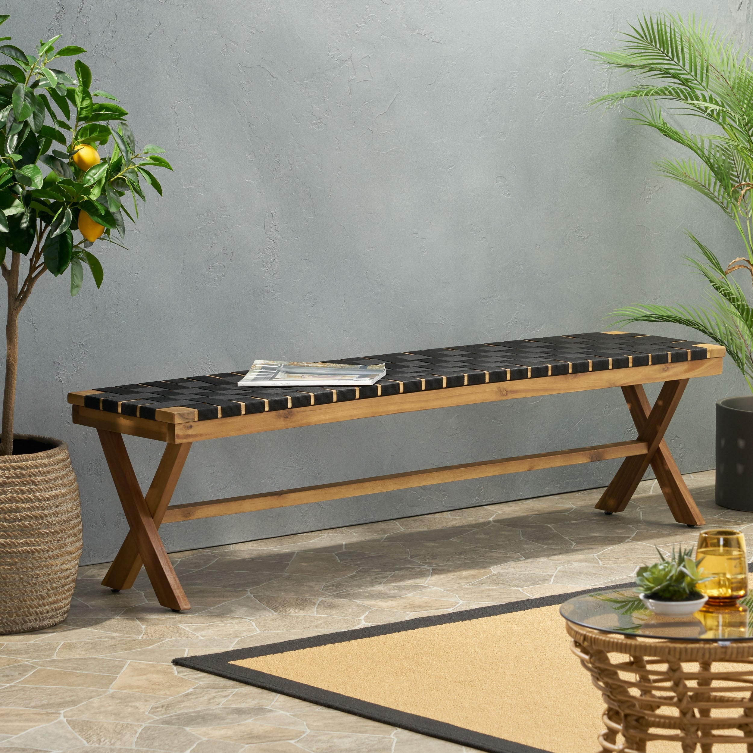 Mallett Outdoor Acacia Wood Bench With Rope Seating By Christopher Knight Home 61.00 W X 13.75 D X 16.25 H