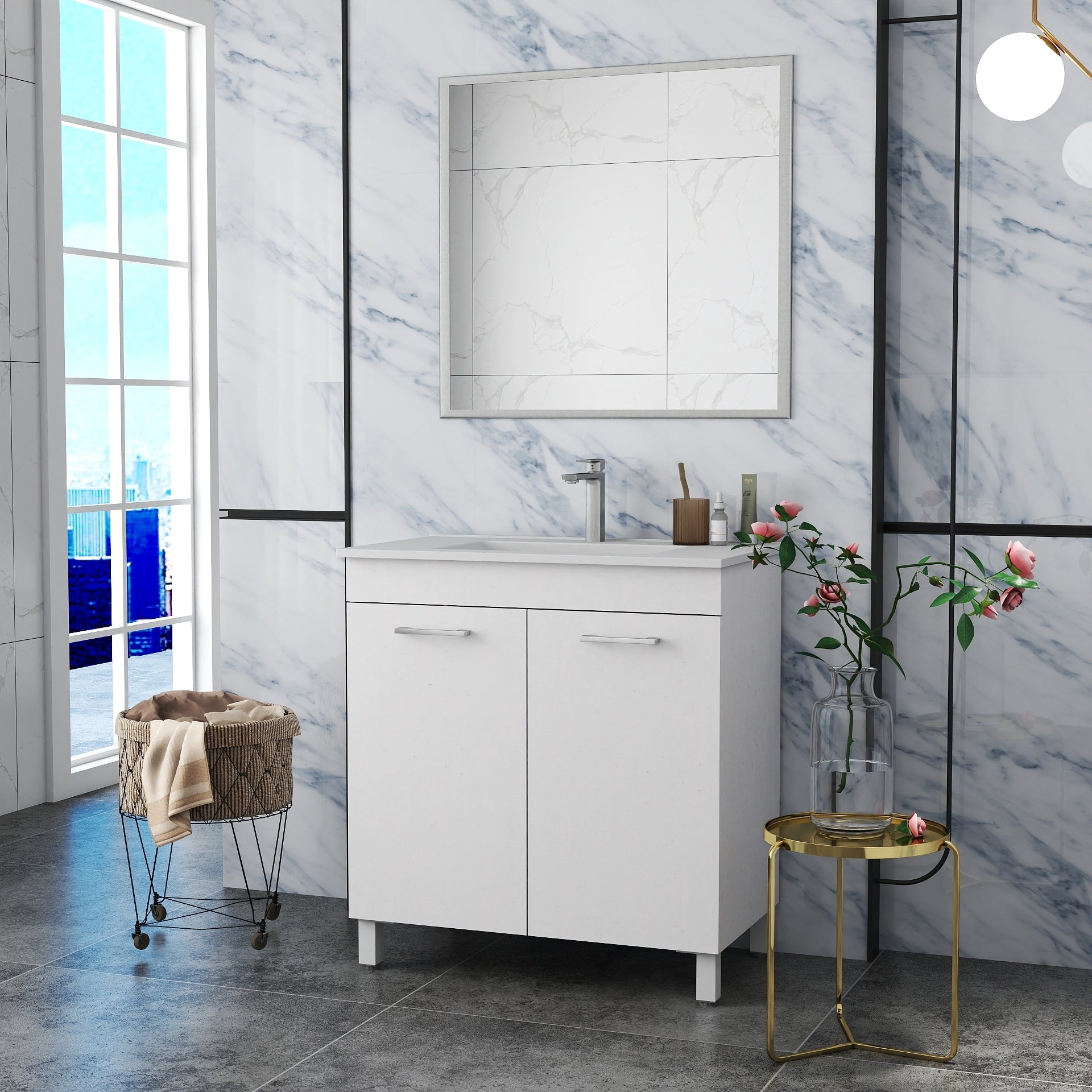 Maloa 32 Modern Freestanding Bathroom Vanity With Ceramic Sink Metal Handle Double Doors Adjustable Shelf By Gdfstudio