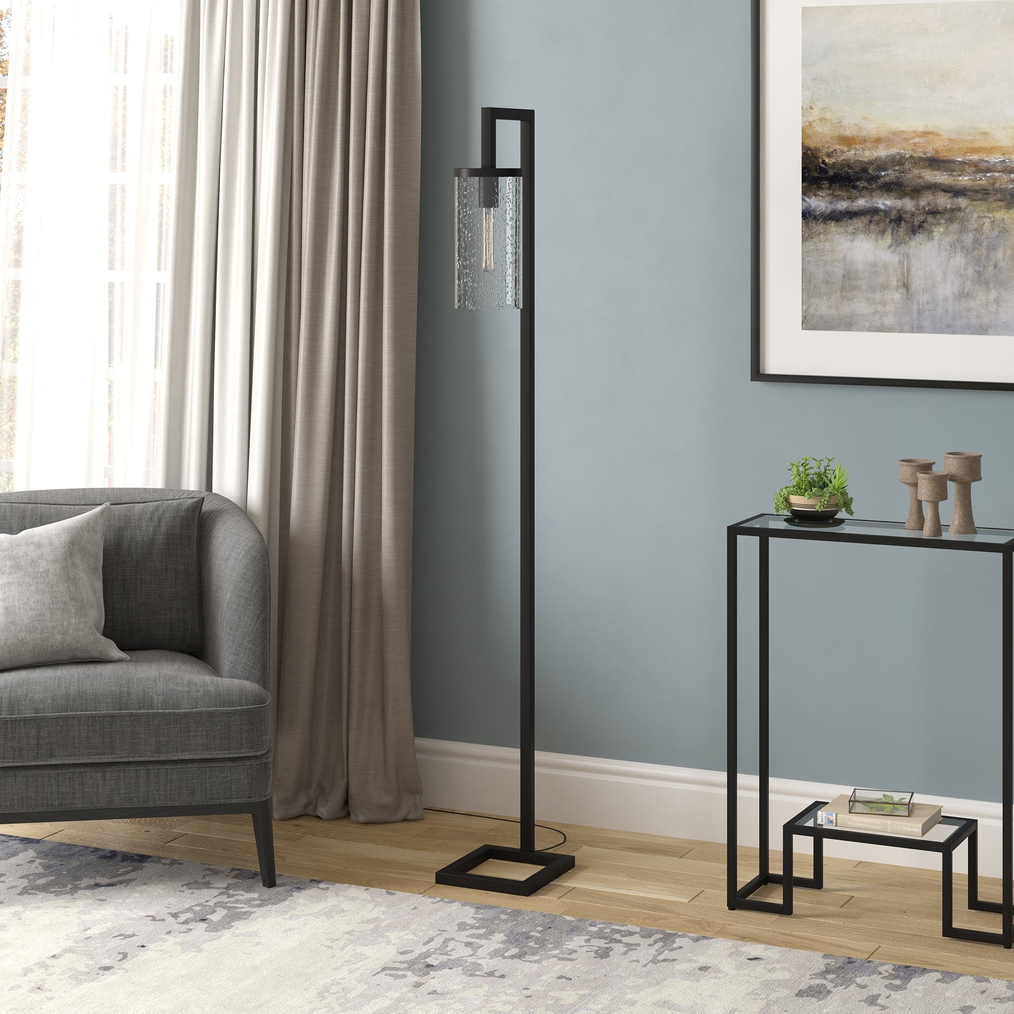 Malta Metal Glass Reading Floor Lamp With Seeded Glass Shade In Blackened Bronze