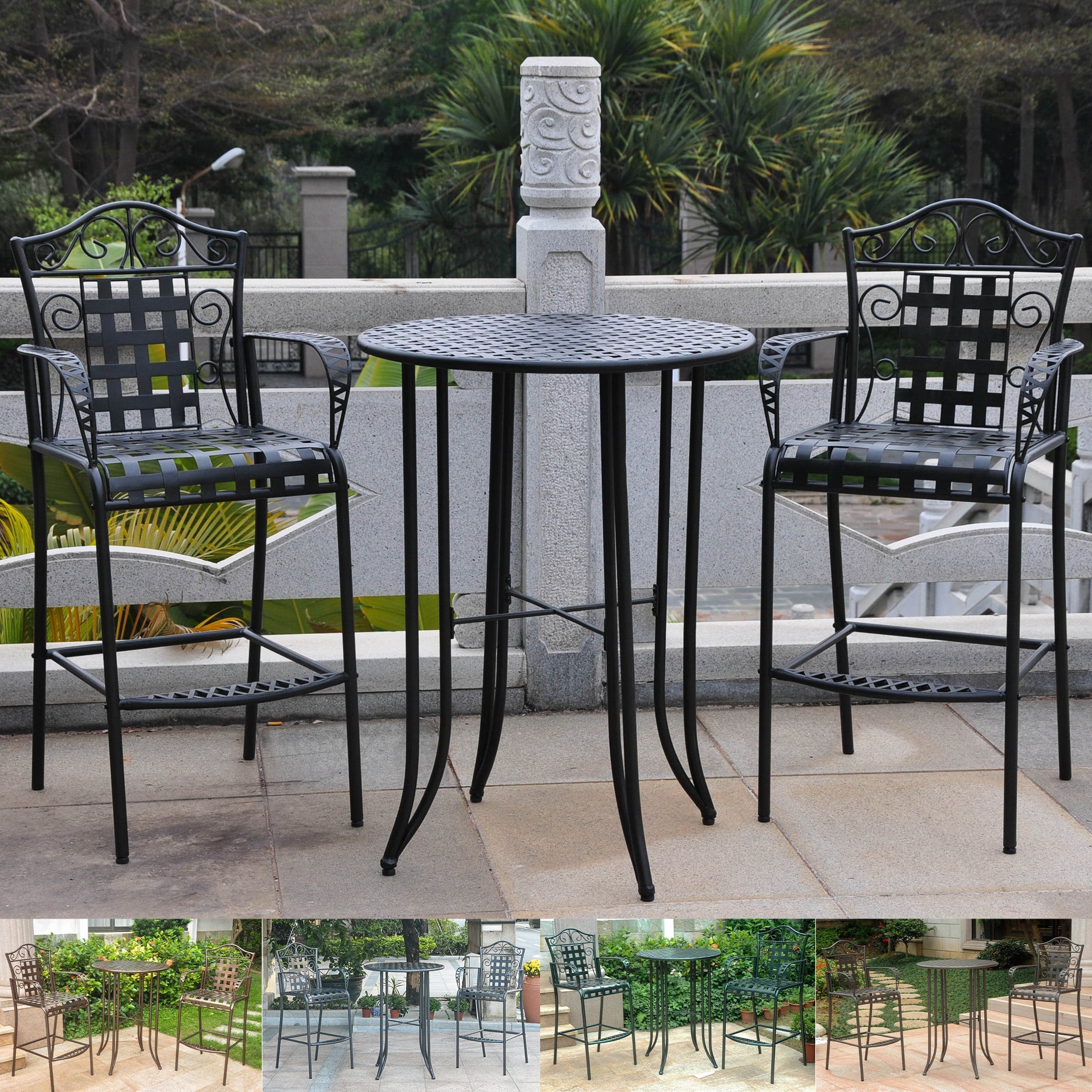 International Caravan Mandalay Outdoor Iron Bar Bistro Set Set Of 3