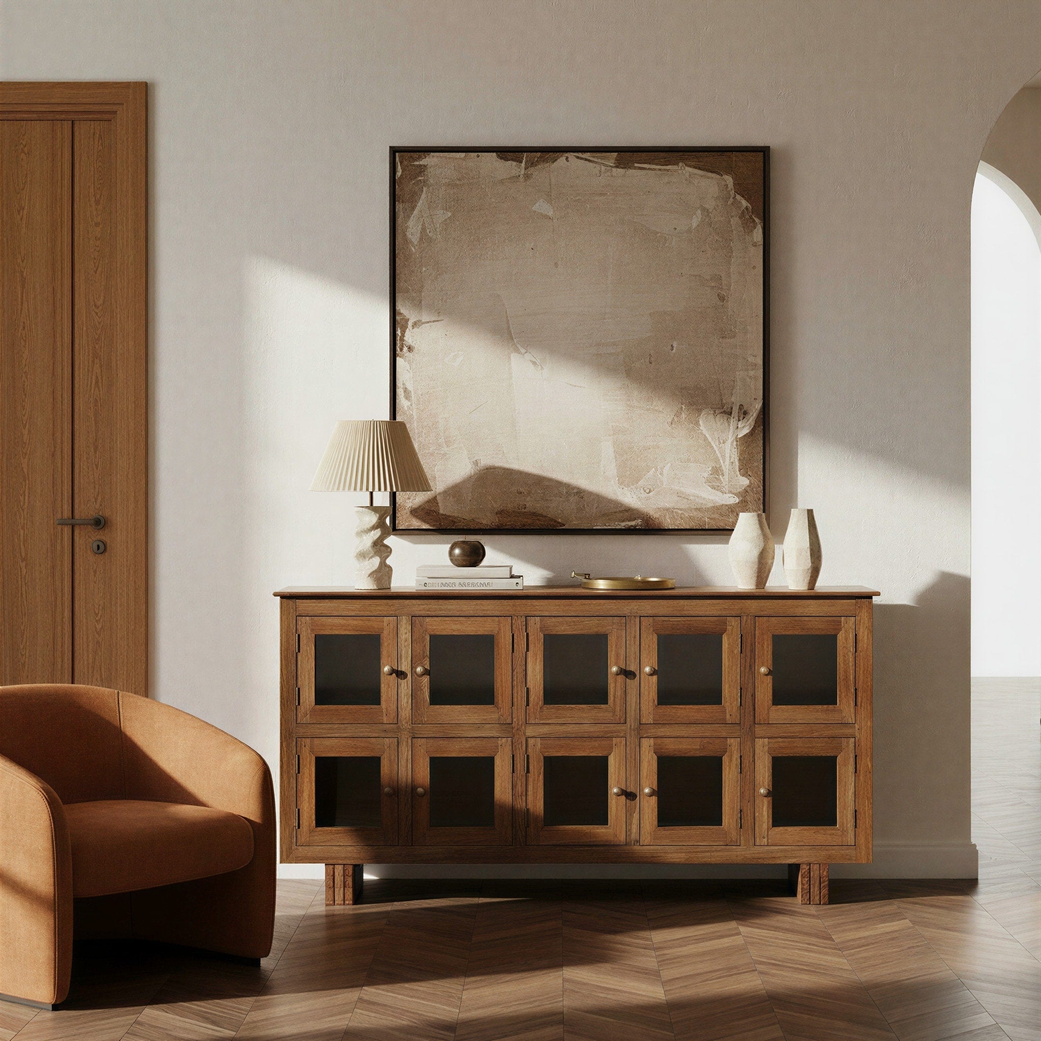 Mango Wood Sideboard With 10 Glass Doors And Brass Knobs 69.0 L X 15.0 W X 35.0 H