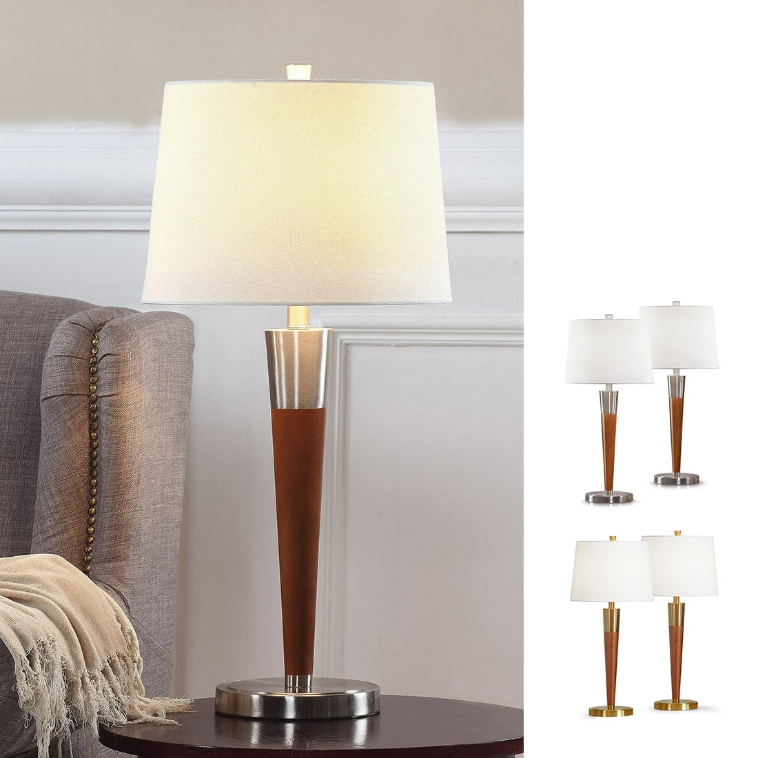Hometrend Manhattan Brushed Nickel Walnut Wood Table Lamps Set Of 2