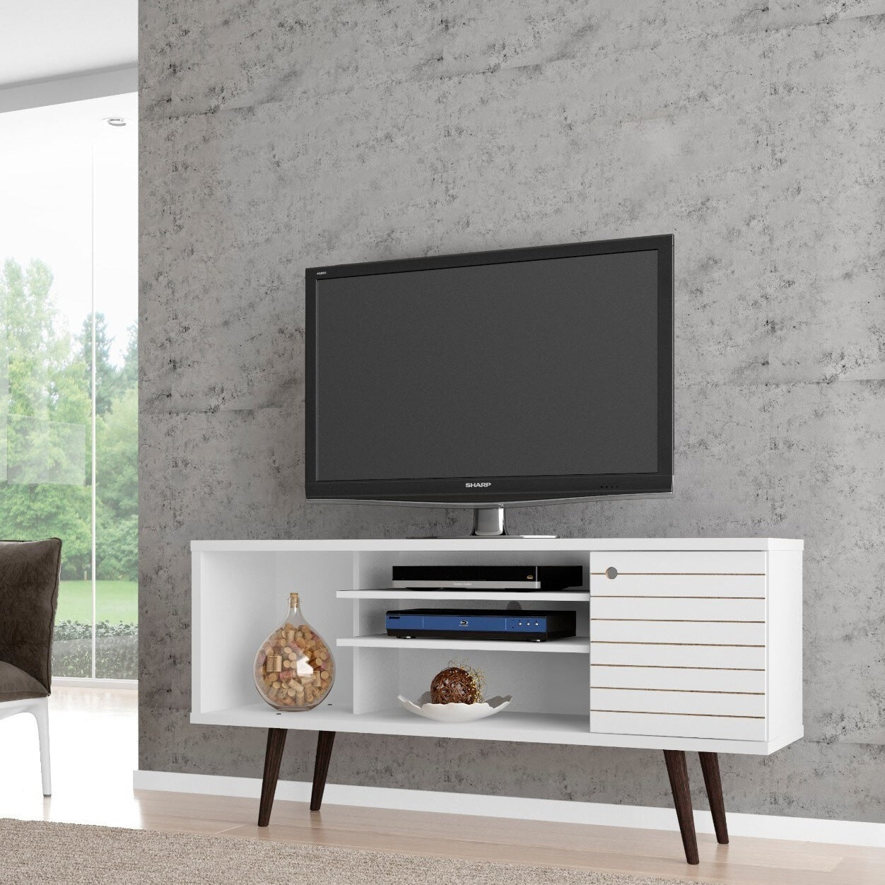 Manhattan Comfort Liberty Solid Wood Leg 5 Shelf Single Door Tv Stand