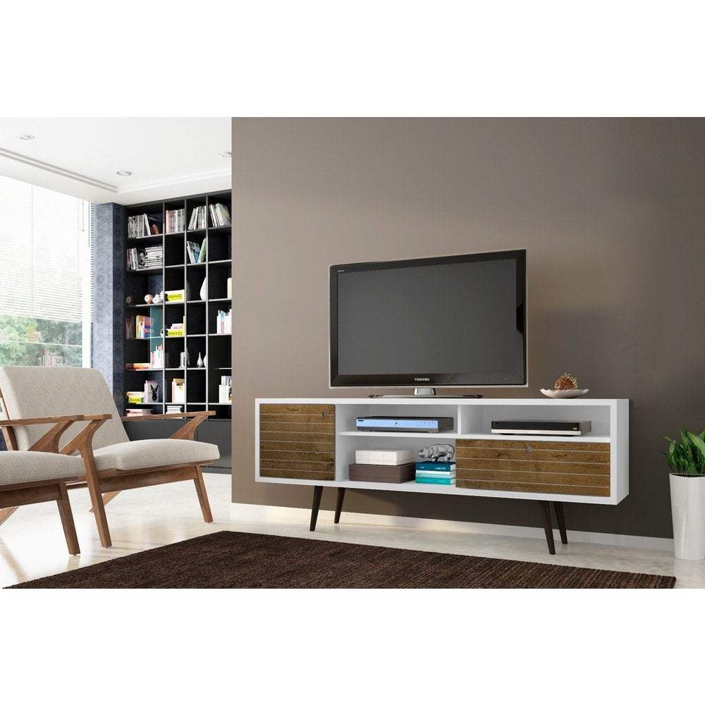 Manhattan Comfort Liberty 70.86 Mid Century Modern Tv Stand With 4 Shelving Spaces And 1 Drawer With Solid Wood Legs