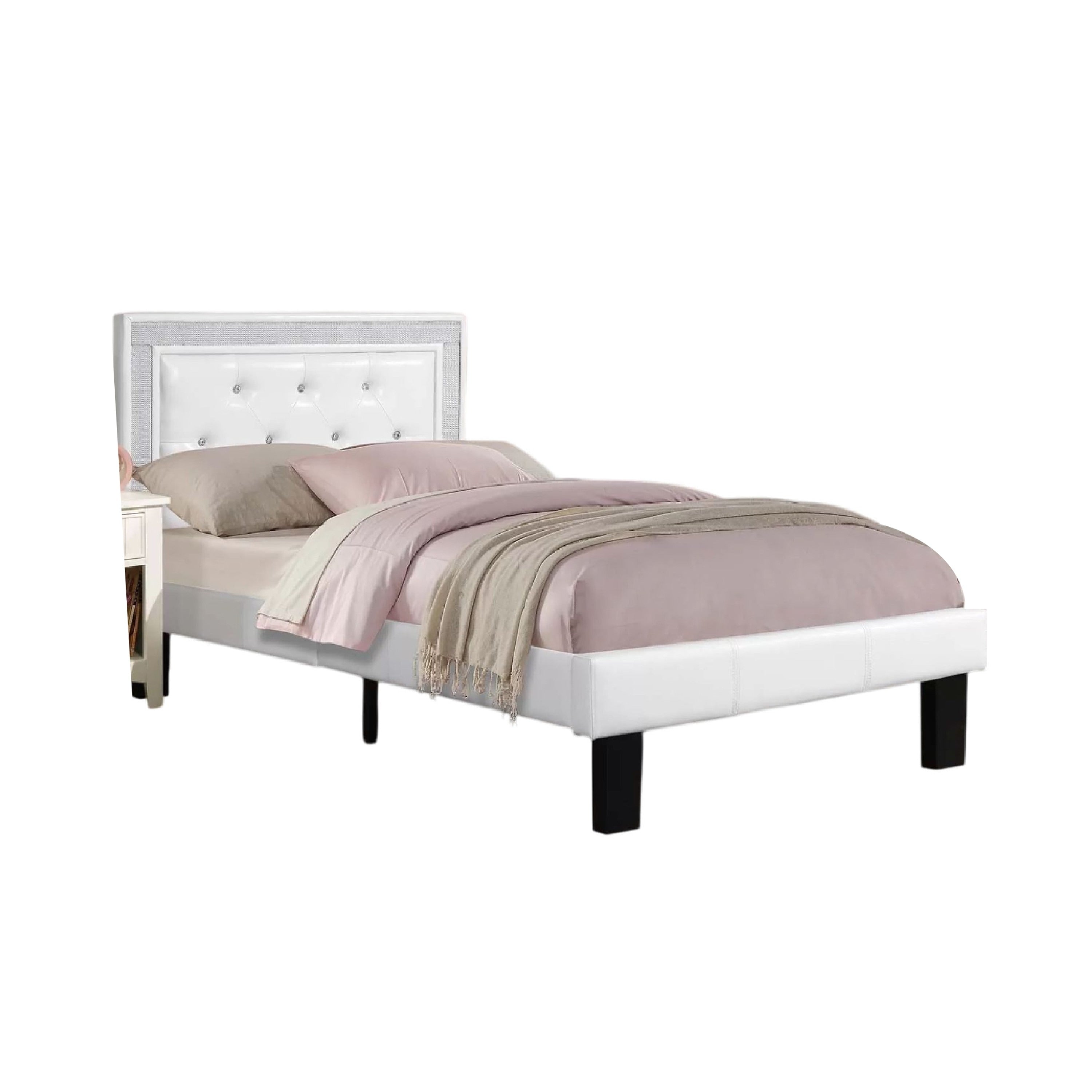 Mannie Twin Bed With Silver Trim White Button Tufted Faux Leather