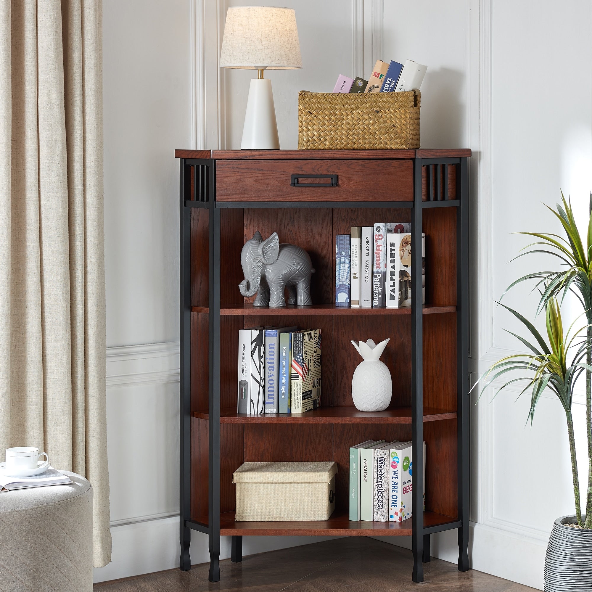 Mantel Height 3 Shelf Corner Bookcase With Drawer Storage