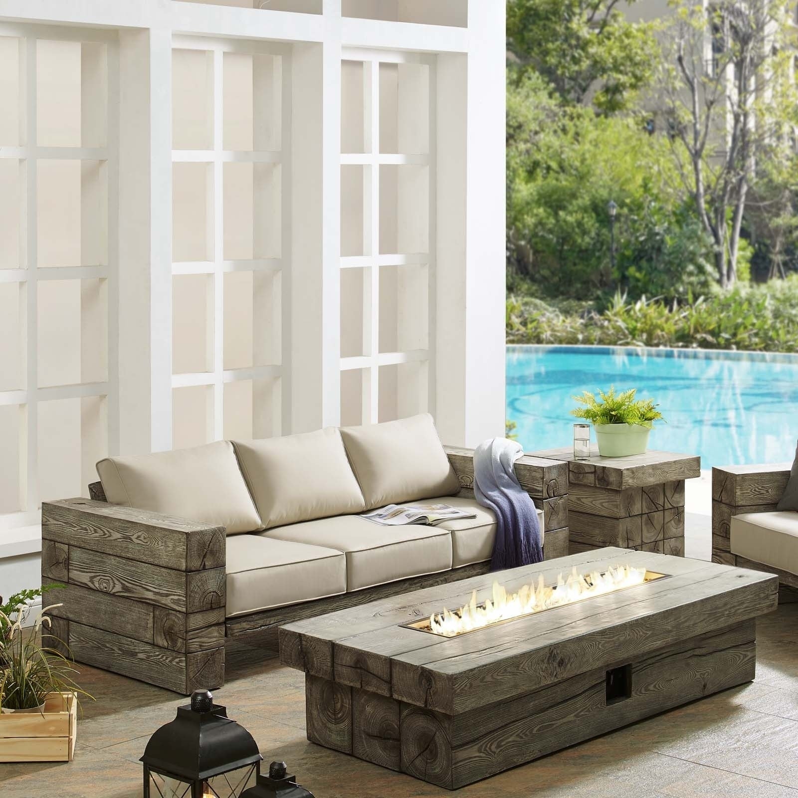 Manteo Rustic Coastal Outdoor Patio Sofa Set With Fire Pit Table