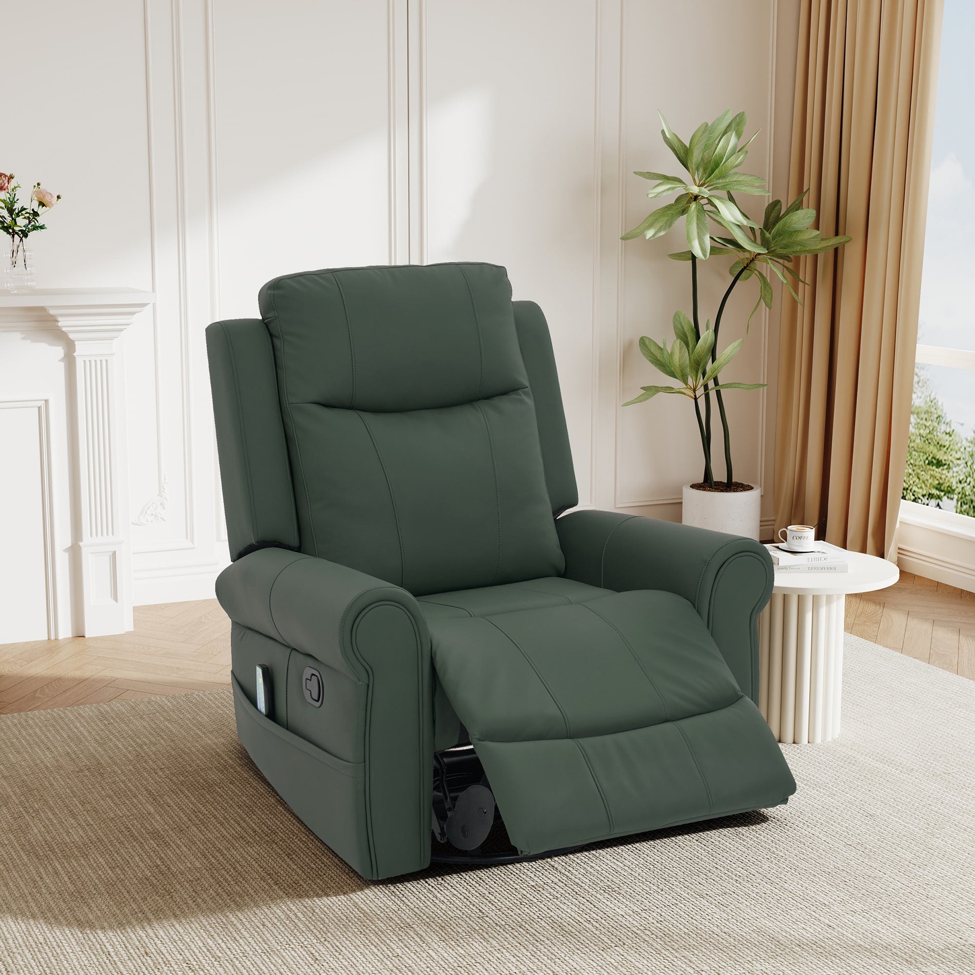 Manual Recliner 270 Swivel Rocker Chair Pu Leather Recliner With Massage And Heating Dual Reclining Positions And Side Pocket