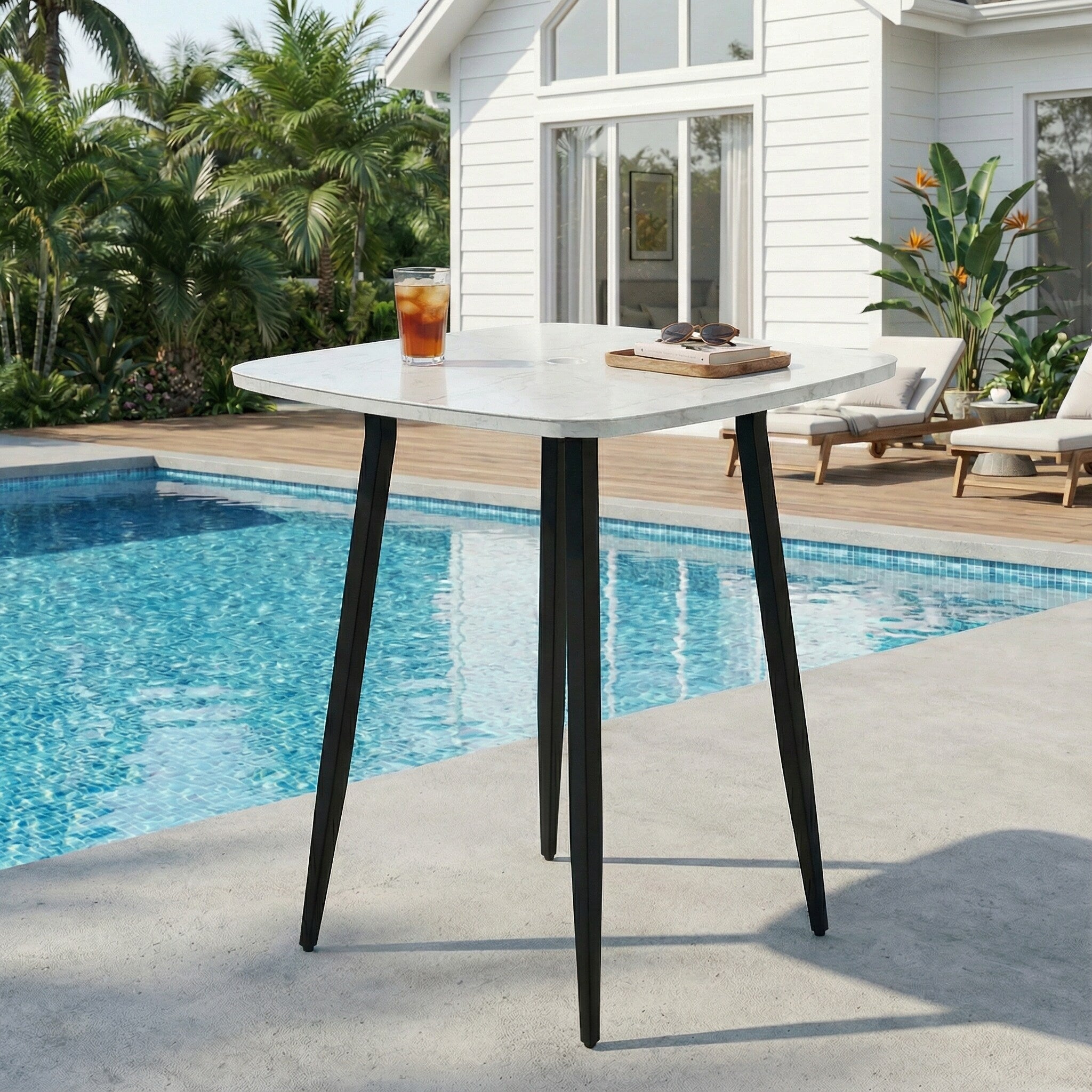 Marble Look Square Aluminum Bar Dining Table With Umbrella Hole For Indoor And Outdoor Use