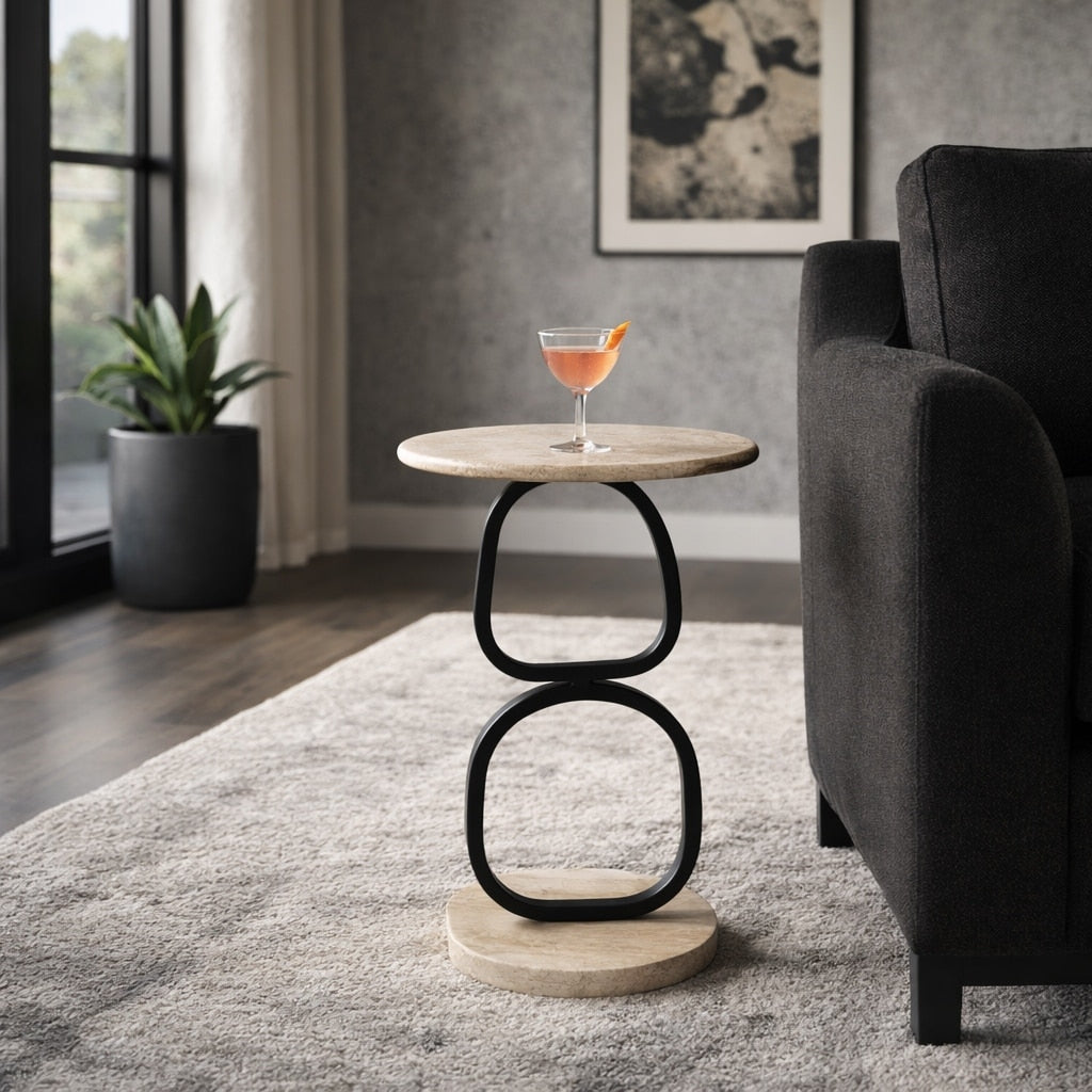 Marble Round Accent Table With Open Metal Base 23 Tan Black 22.5