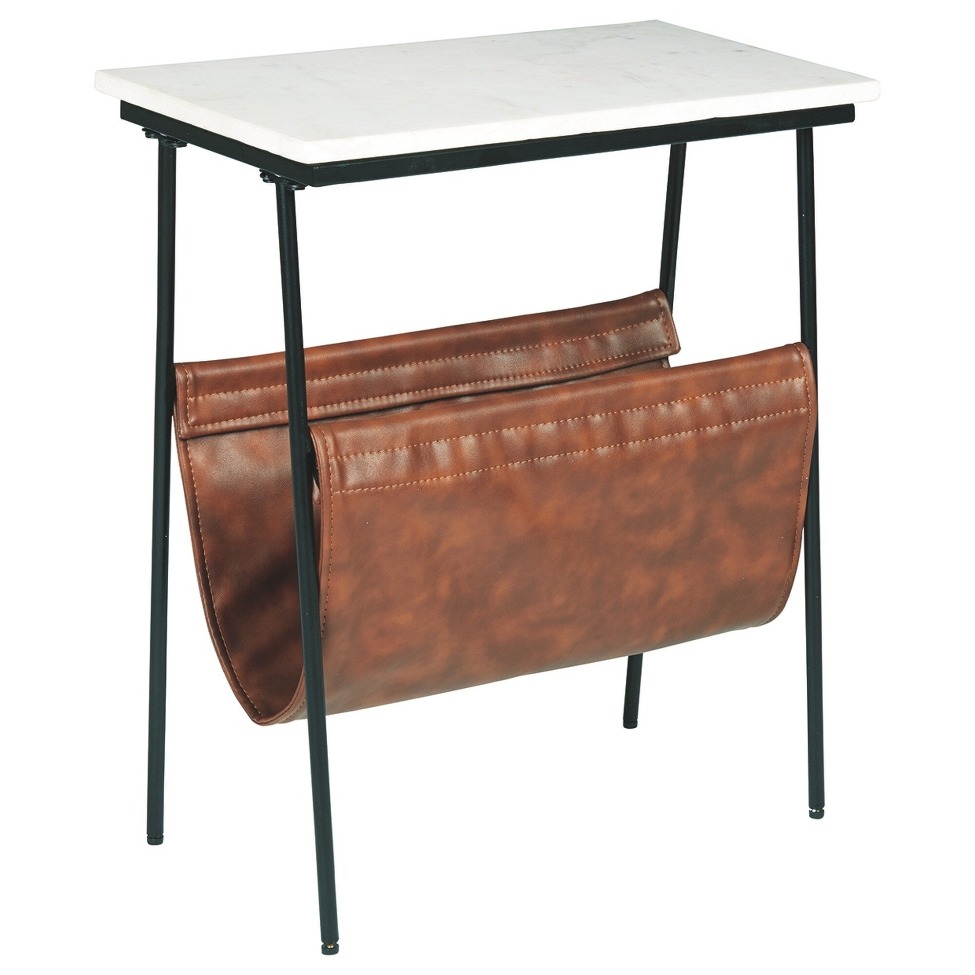 Marble Top Accent Table With Faux Leather Swing Holder White And Brown