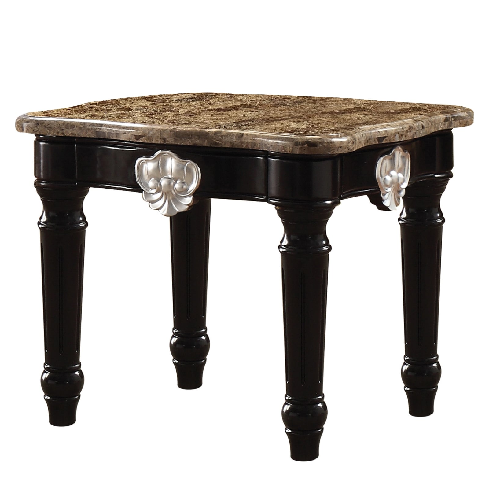 Marble Top End Table With Contrast Carved Motif Turned Wood Legs Black