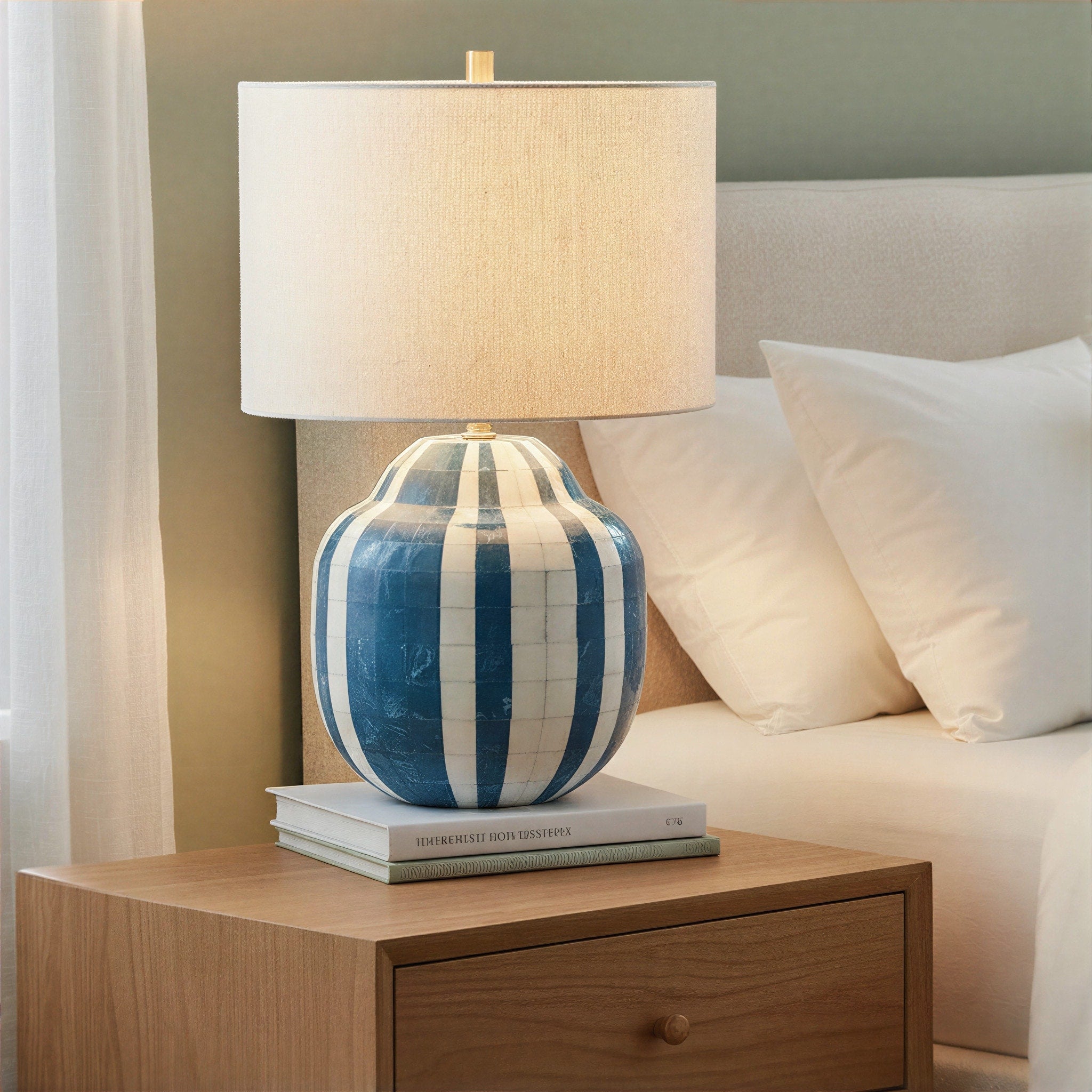 Marbled Resin And Metal Table Lamp With Stripes And Linen Shade 12.0 L X 12.0 W X 18.0 H