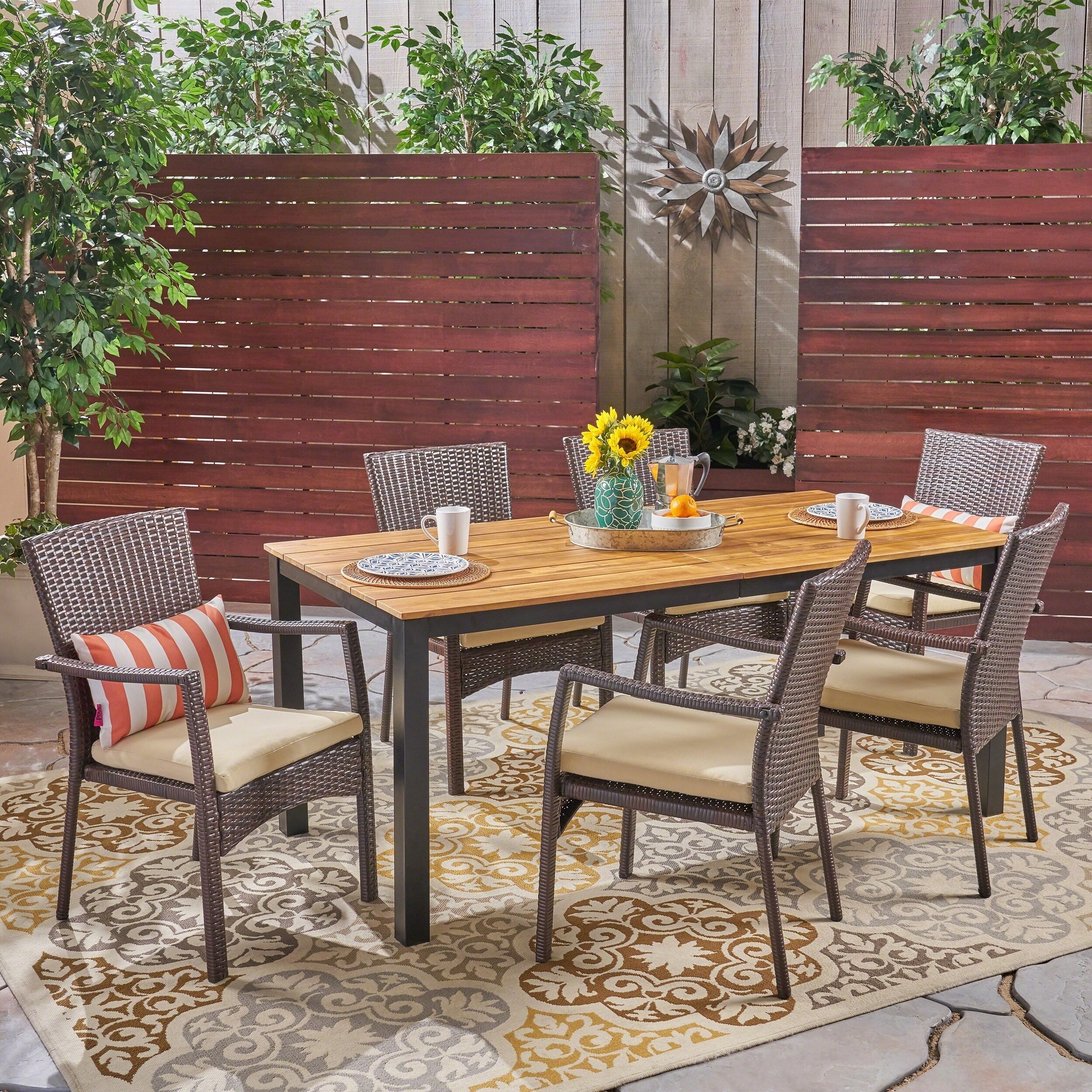 Marconi Outdoor 7 Piece Acacia Wood Dining Set With Wicker Chairs By Christopher Knight Home
