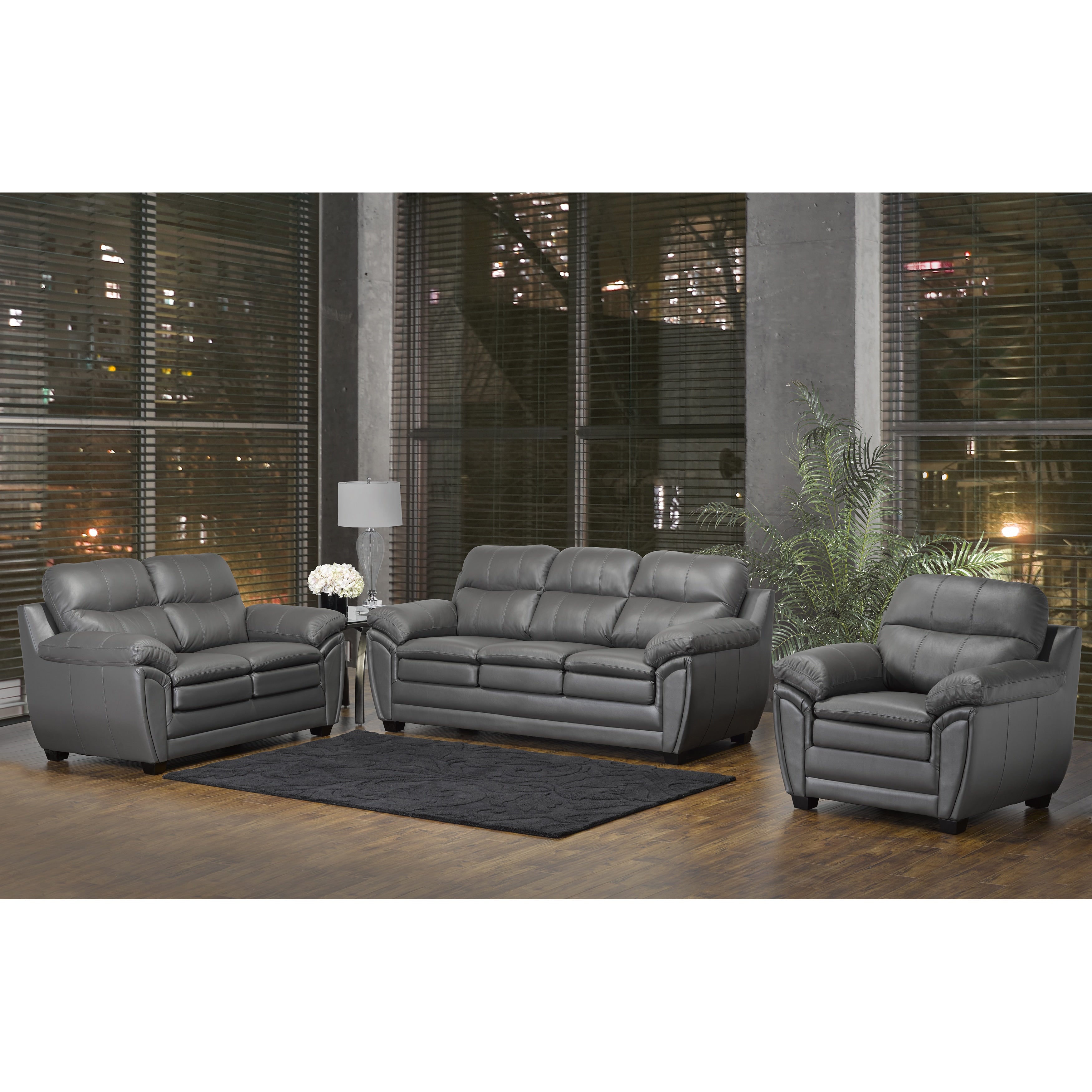 Marcus Premium Grey Top Grain Leather Sofa Loveseat And Chair