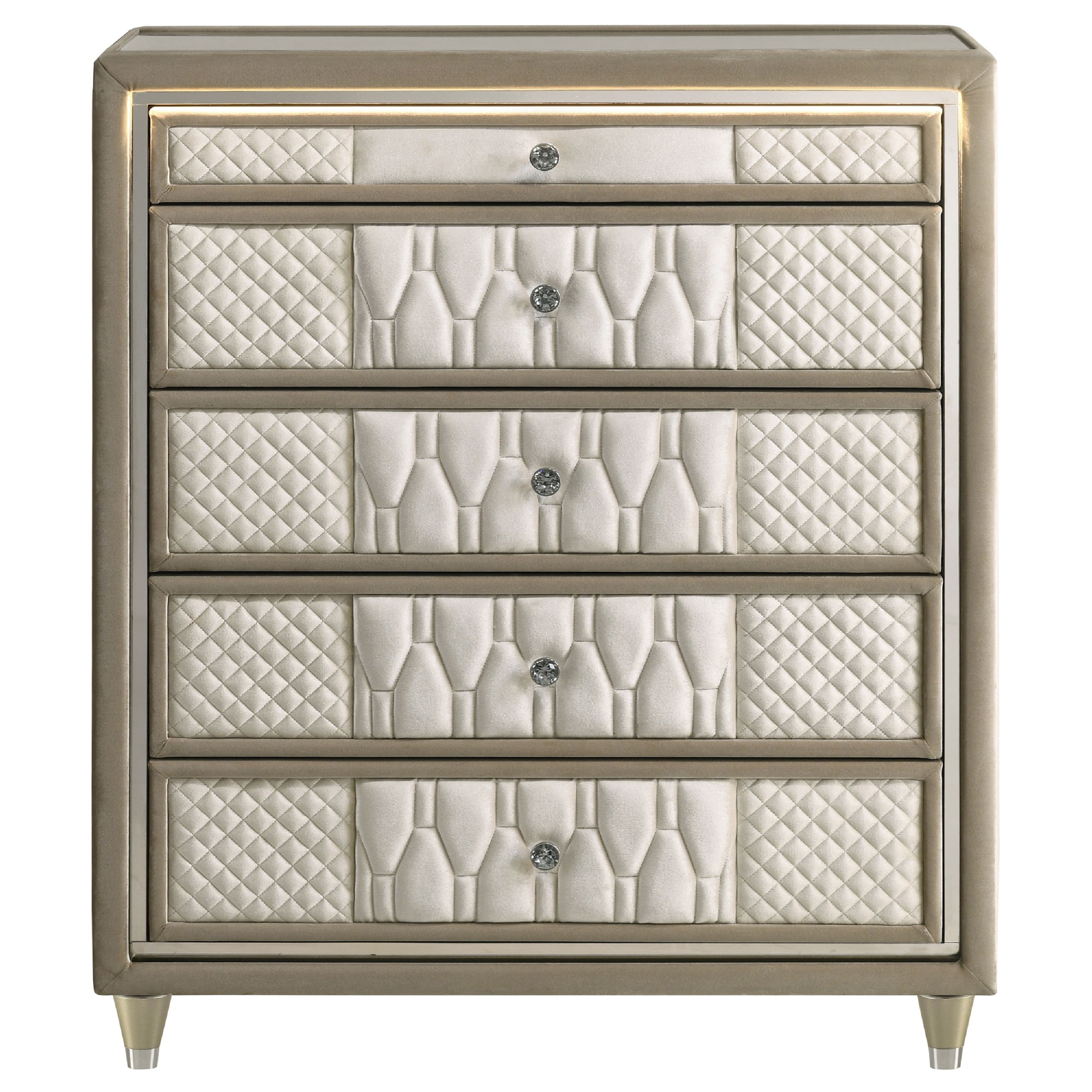 Maren Tall Dresser Chest 5 Drawers And Led Light Ivory Tufted Velvet