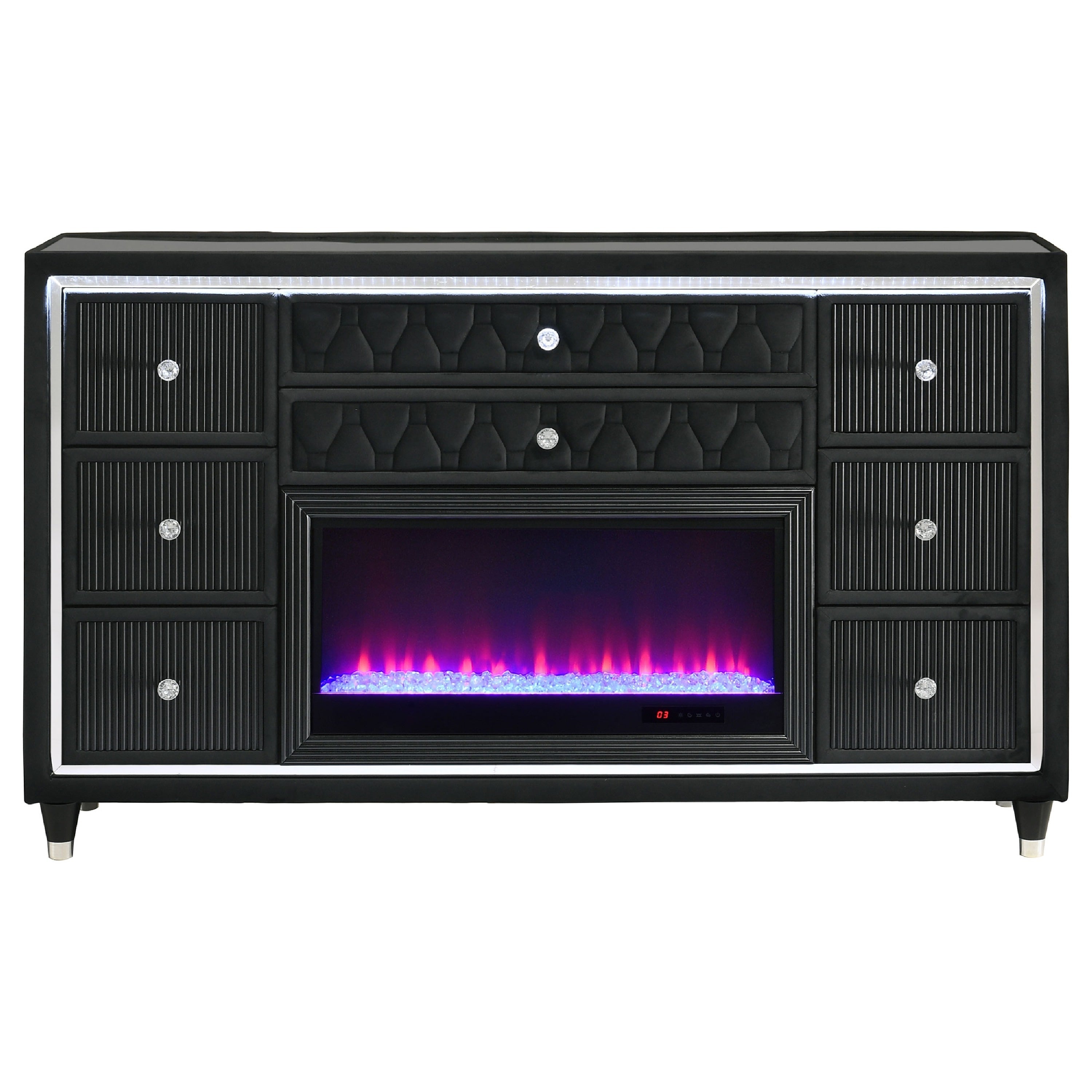 Maren Wide Dresser 8 Drawers And Led Flame Box Black Velvet