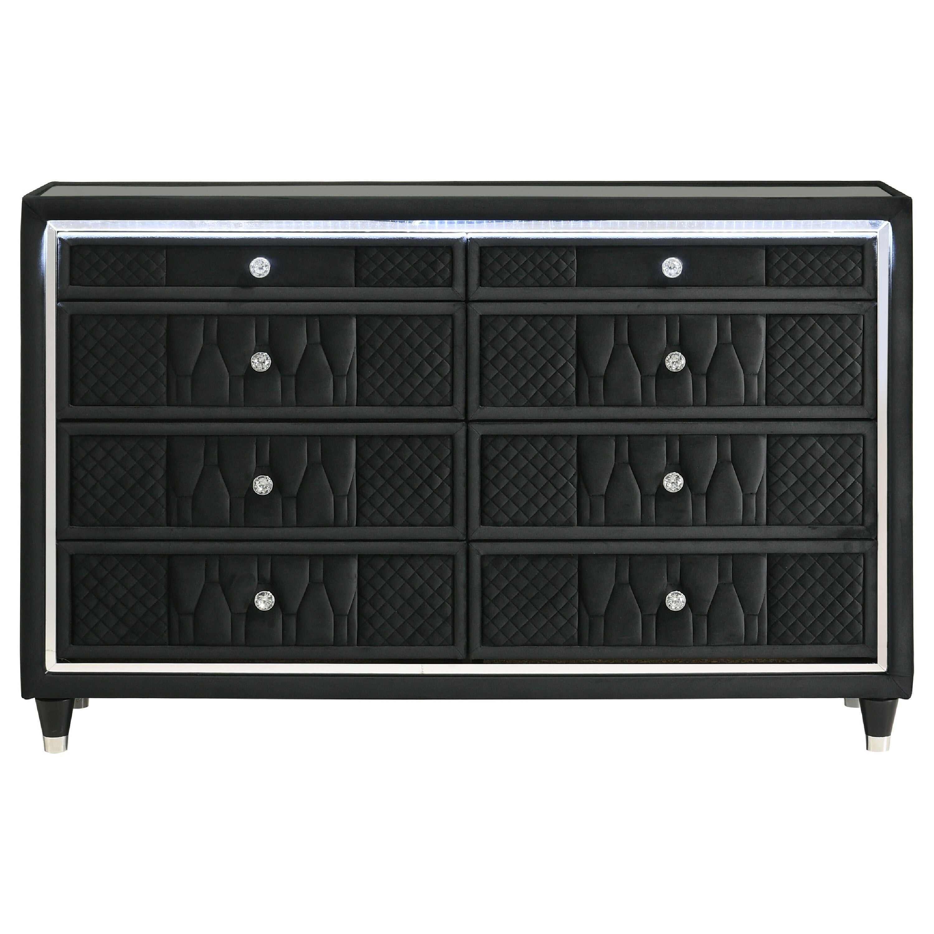 Maren Wide Dresser 8 Drawers And Led Light Black Tufted Velvet Glass Top