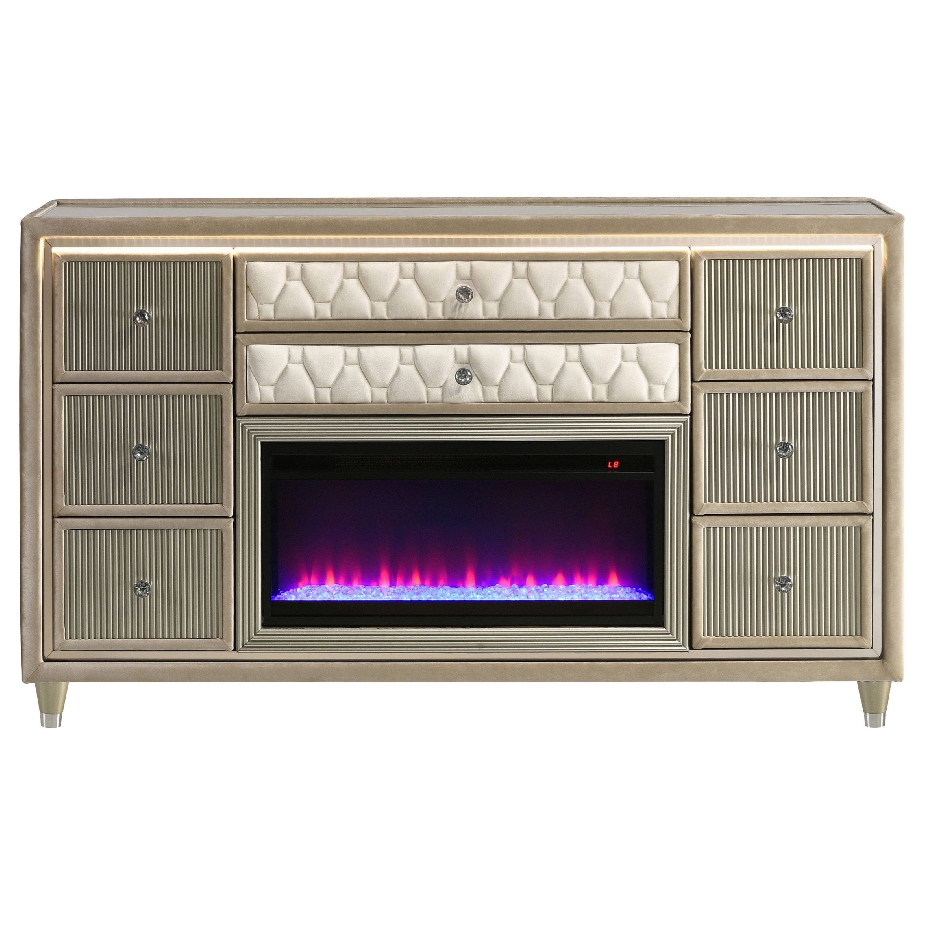 Maren Wide Dresser 8 Drawers Led Flame Box Ivory Camel Velvet