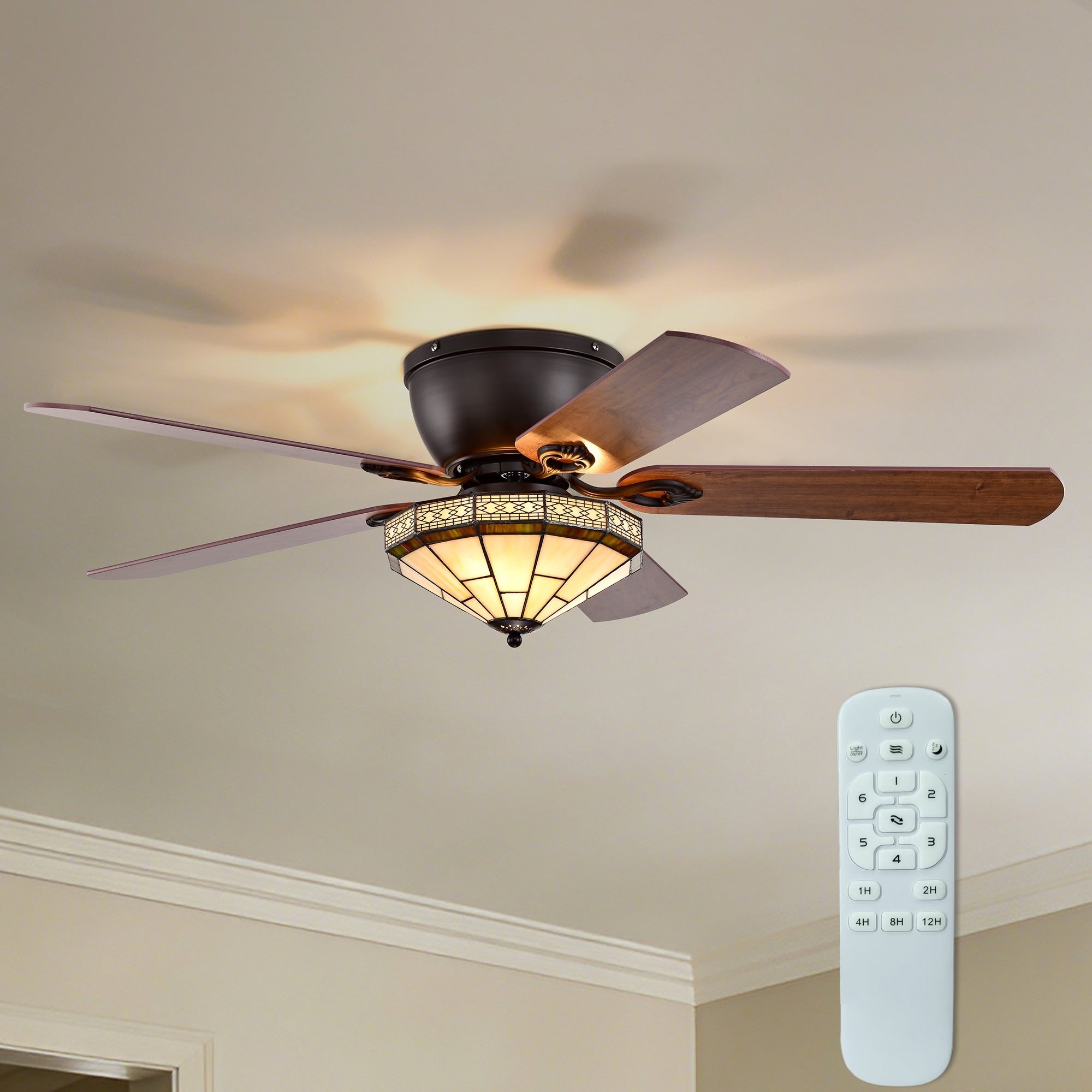 Margno 52 Inch Flushmount Lighted Ceiling Fan Jewel Cut Design Tiffany Glass Lamp Black Finish