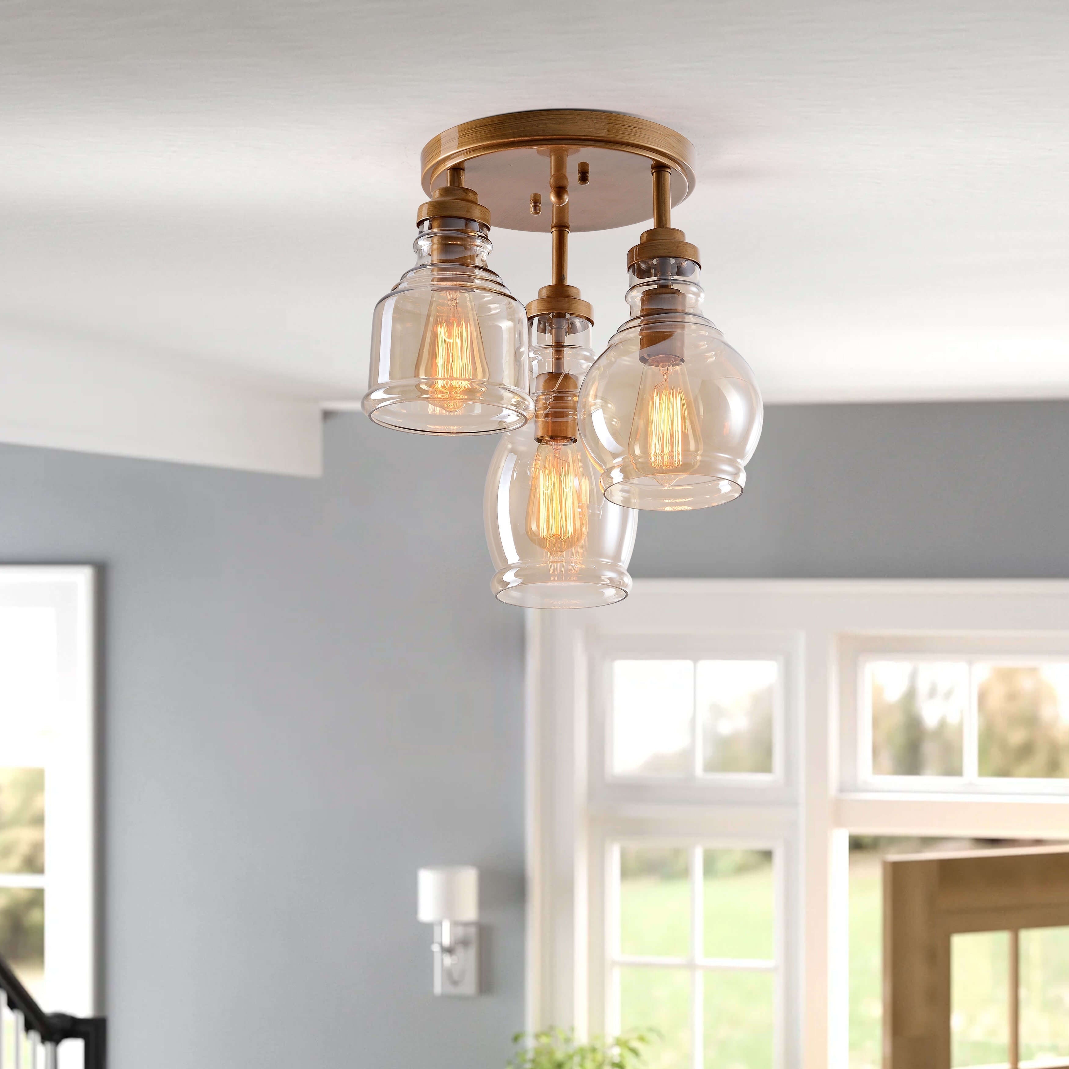 Mariana 3 Light Antique Black Flush Mount With Cognac Glass Shade N A