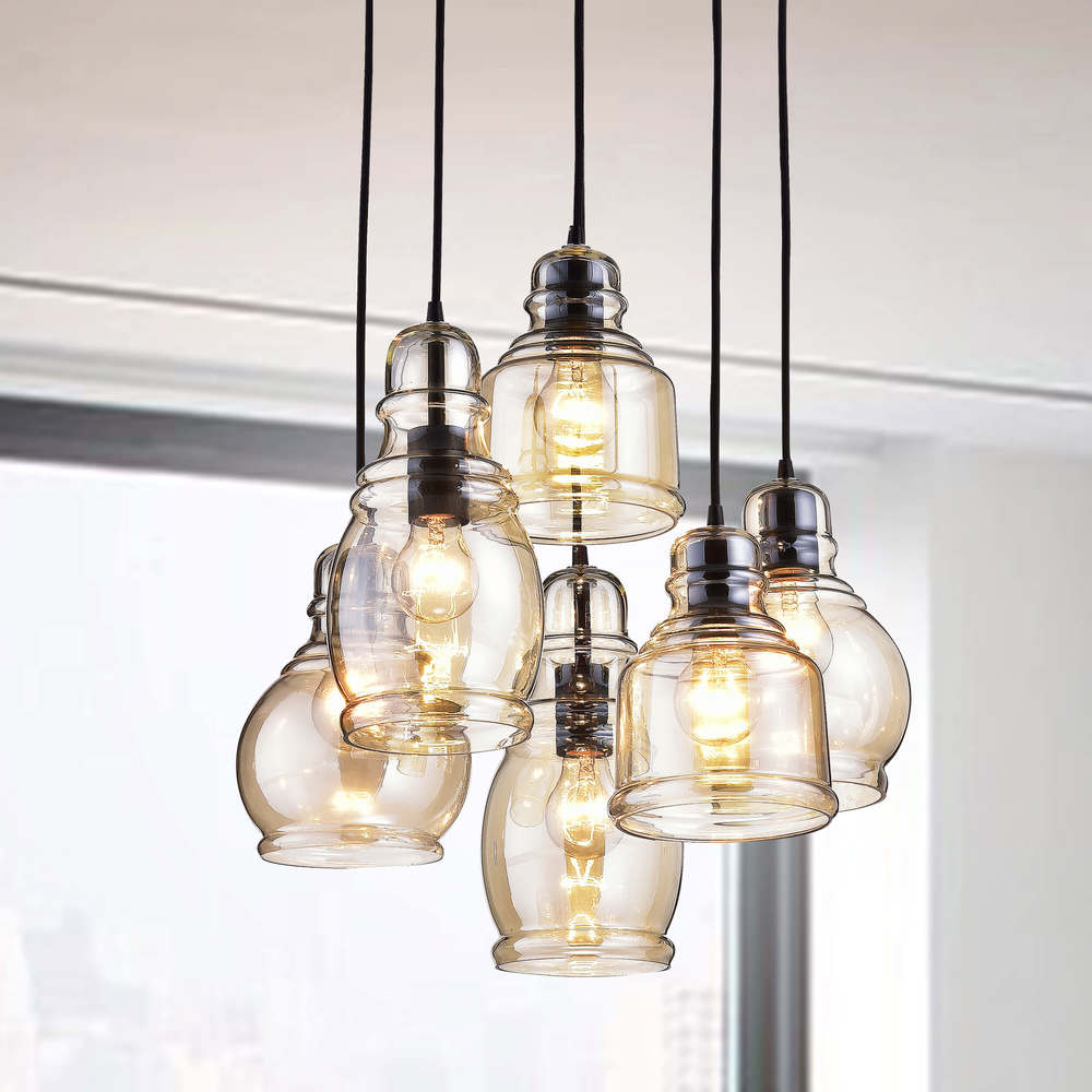 Mariana Cognac Glass Antique Black And Round Base 6 Light Pendant