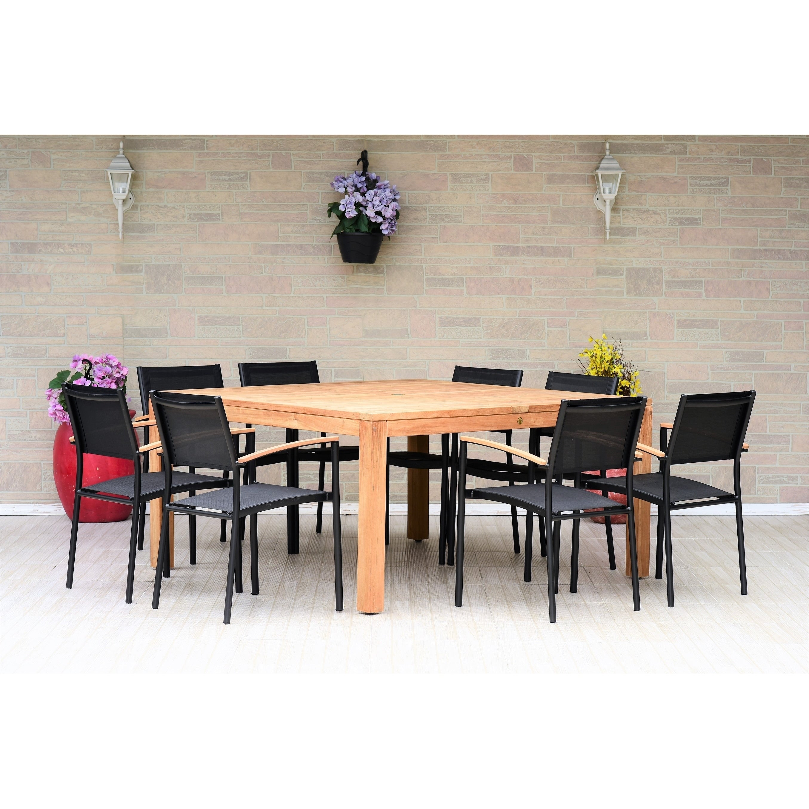 Marina Teak Square 9 Piece Patio Dining Set With Black Chairs By Amazonia