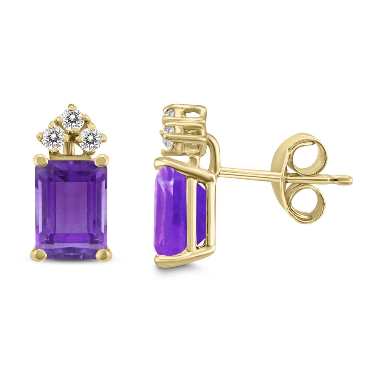 14K Yellow Gold 7X5Mm Emerald Shaped Amethyst And Diamond Earrings
