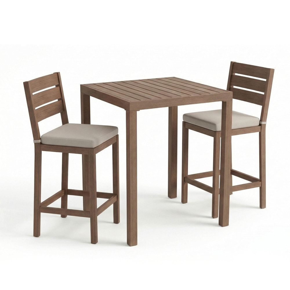 Martha Stewart All Weather Bar Height Patio Set With 35.5 Square Slat Top Table And 2 Stools 19.5 W X 22.5 D X 44.5 H