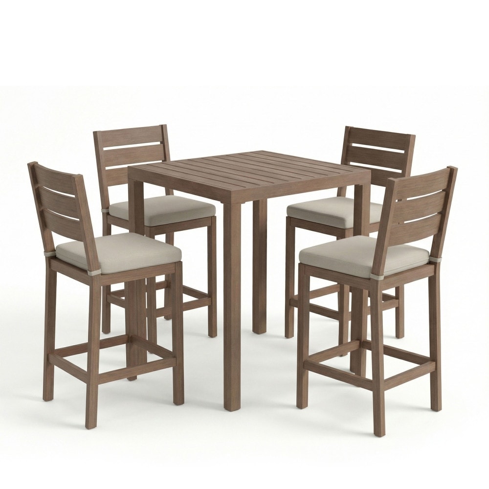 Martha Stewart All Weather Bar Height Patio Set With 35.5 Square Slat Top Table And 4 Stools 19.5 W X 22.5 D X 44.5 H