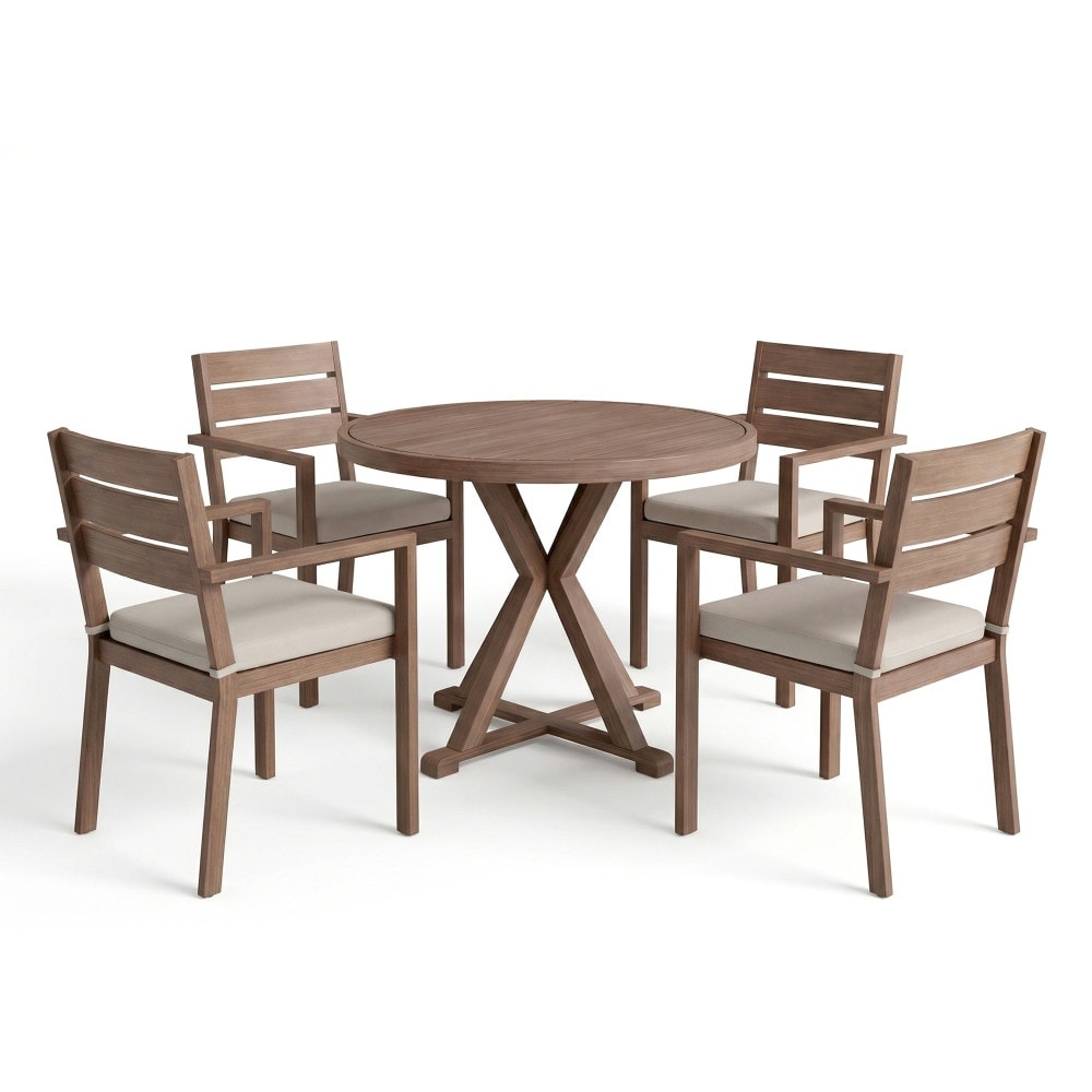 Martha Stewart All Weather Patio Set With 36 Round Trestle Base Table And 4 Stack Armchairs 22.25 W X 23.75 D X 34 H