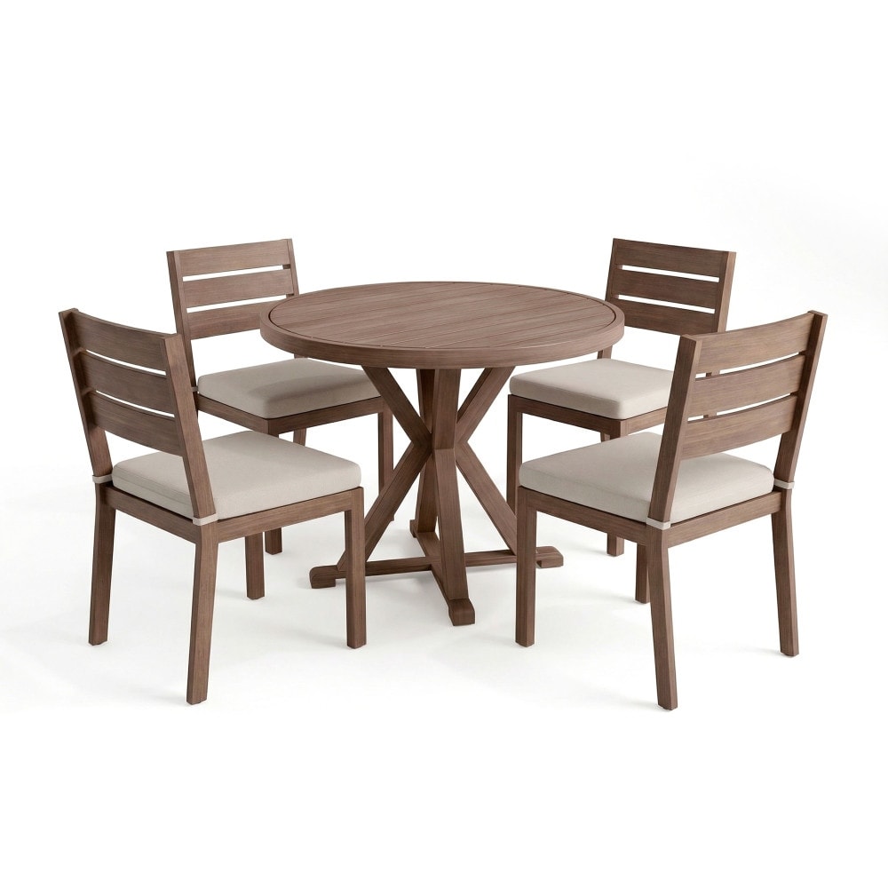 Martha Stewart All Weather Patio Set With 36 Round Trestle Base Table And 4 Stack Chairs 18 W X 23 D X 34 H