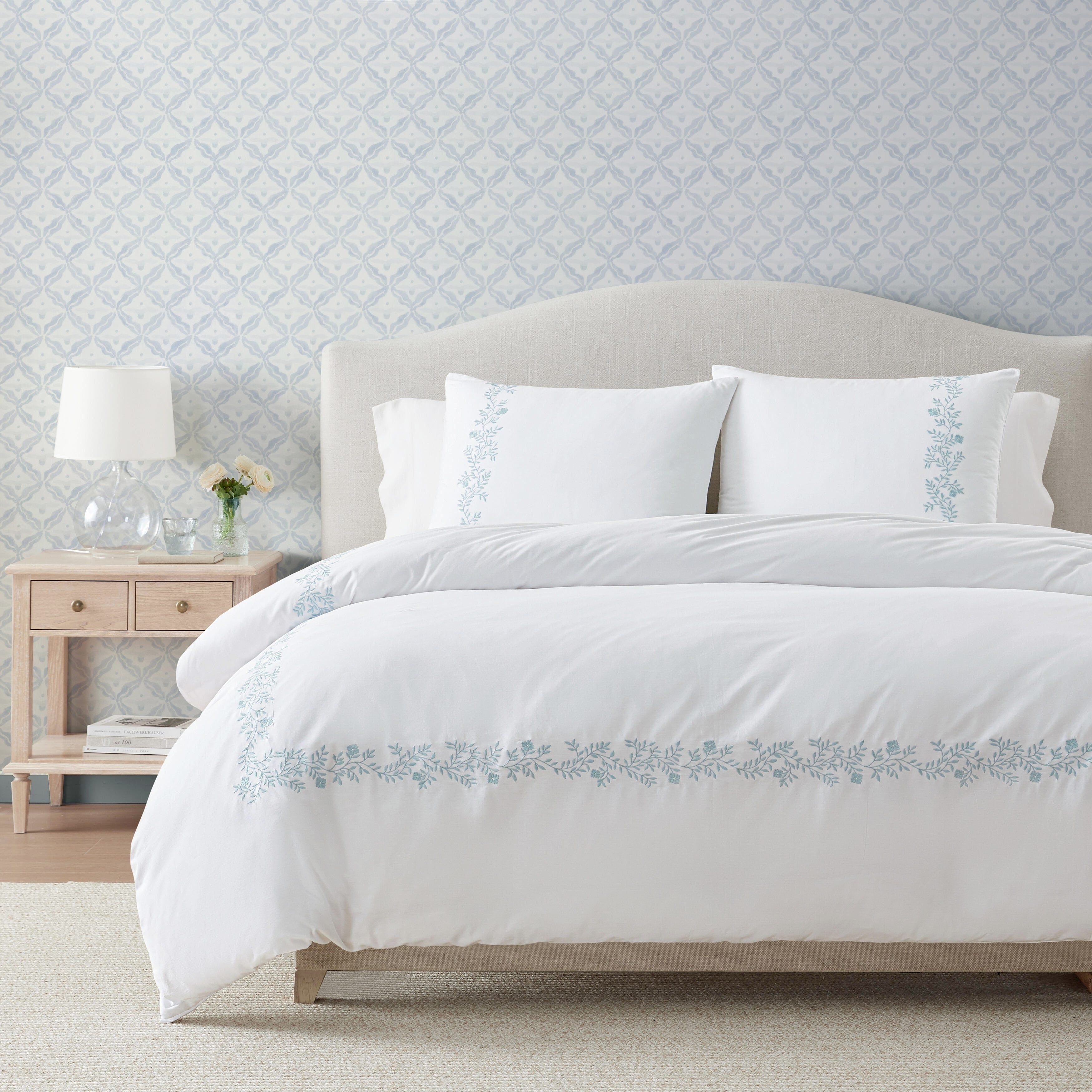 Martha Stewart Garden Path Embroidery Cotton Blue Duvet Cover Set