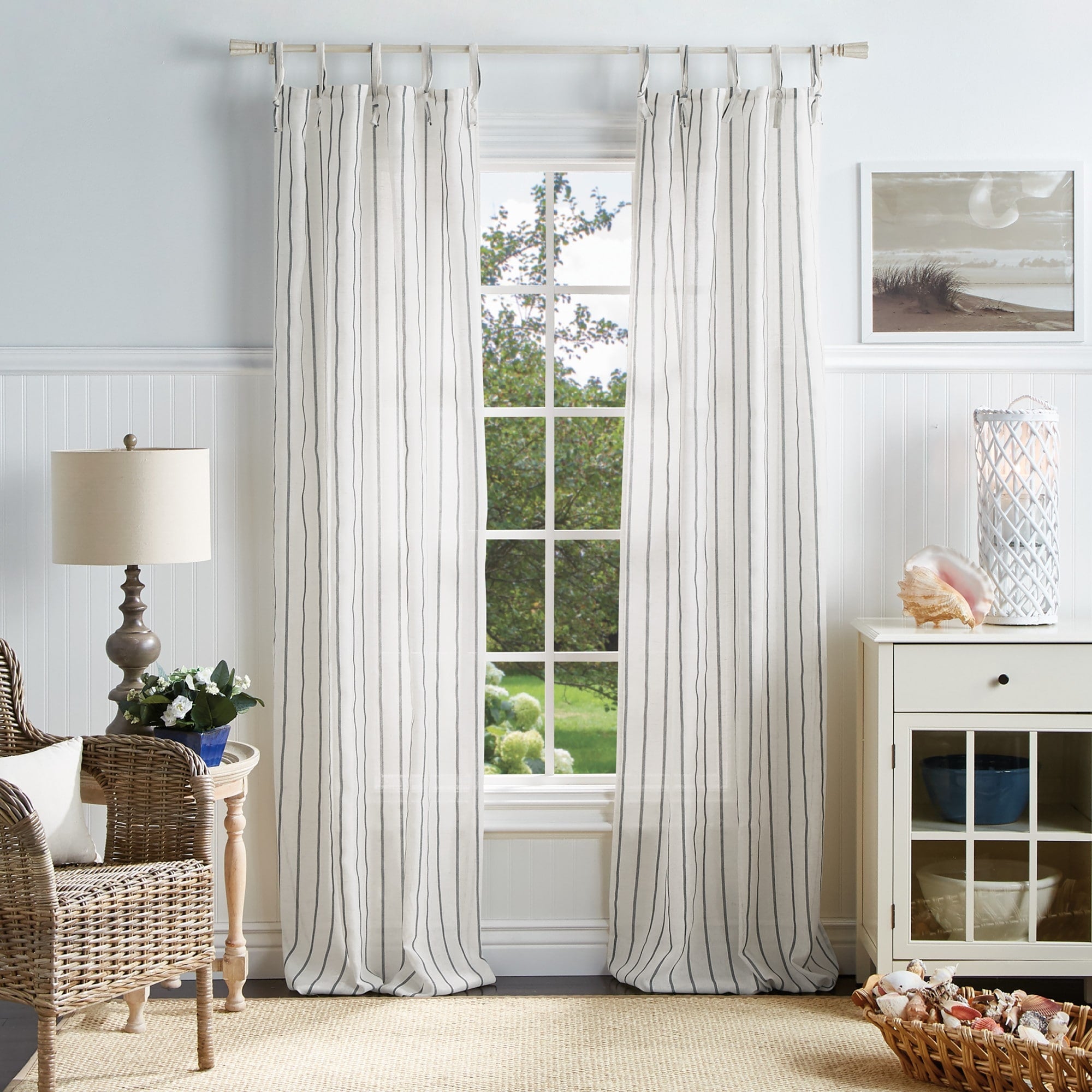Martha Stewart Laguna Stripe Semi Sheer Tie Tab Curtain Panel Pair